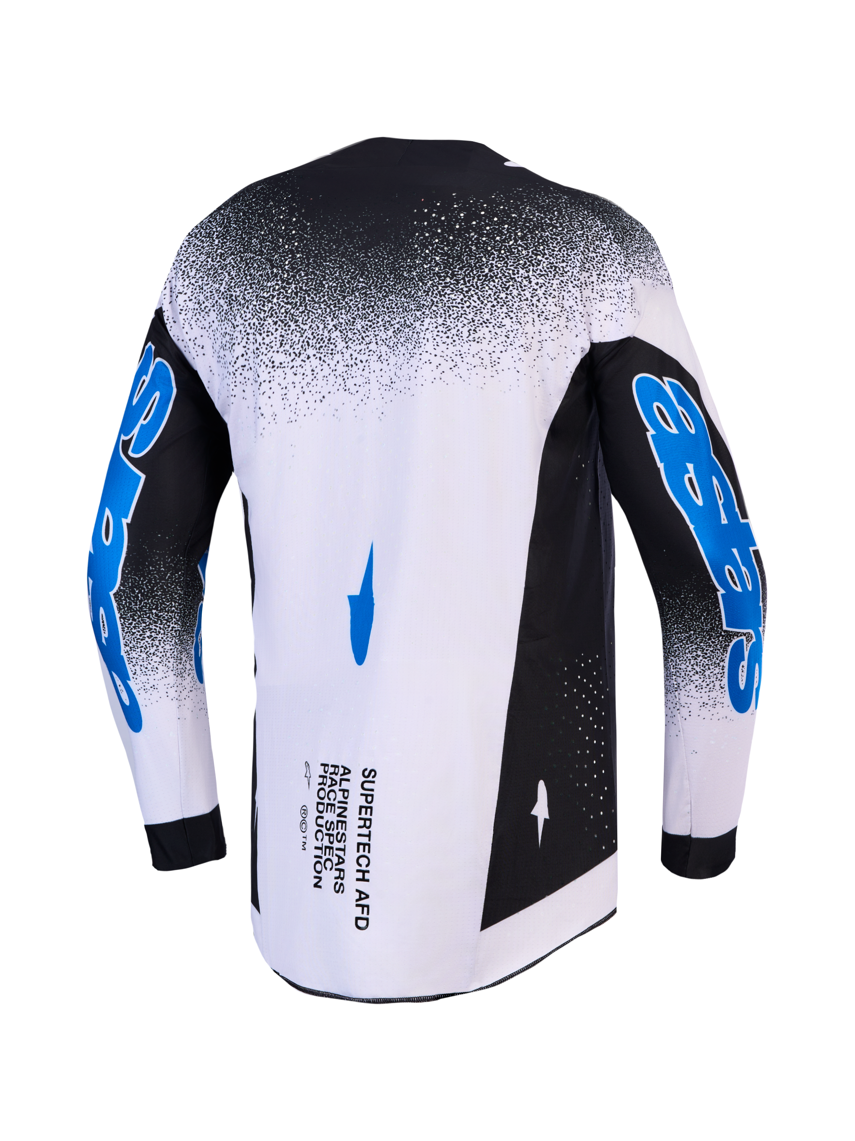 Alpinestars koszulka Supertech Hiten AFD, męska koszulka motocrossowa, biała i czarna z niebieską grafiką na rękawach, widok z tyłu, profesjonalny krój racingowy.