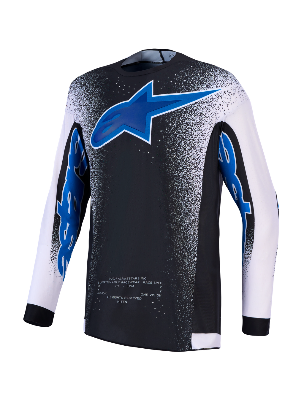 Alpinestars Supertech Hiten AFD, koszulka motocrossowa, męska, czarno-niebieska, białe rękawy, wentylowana siatka stretch