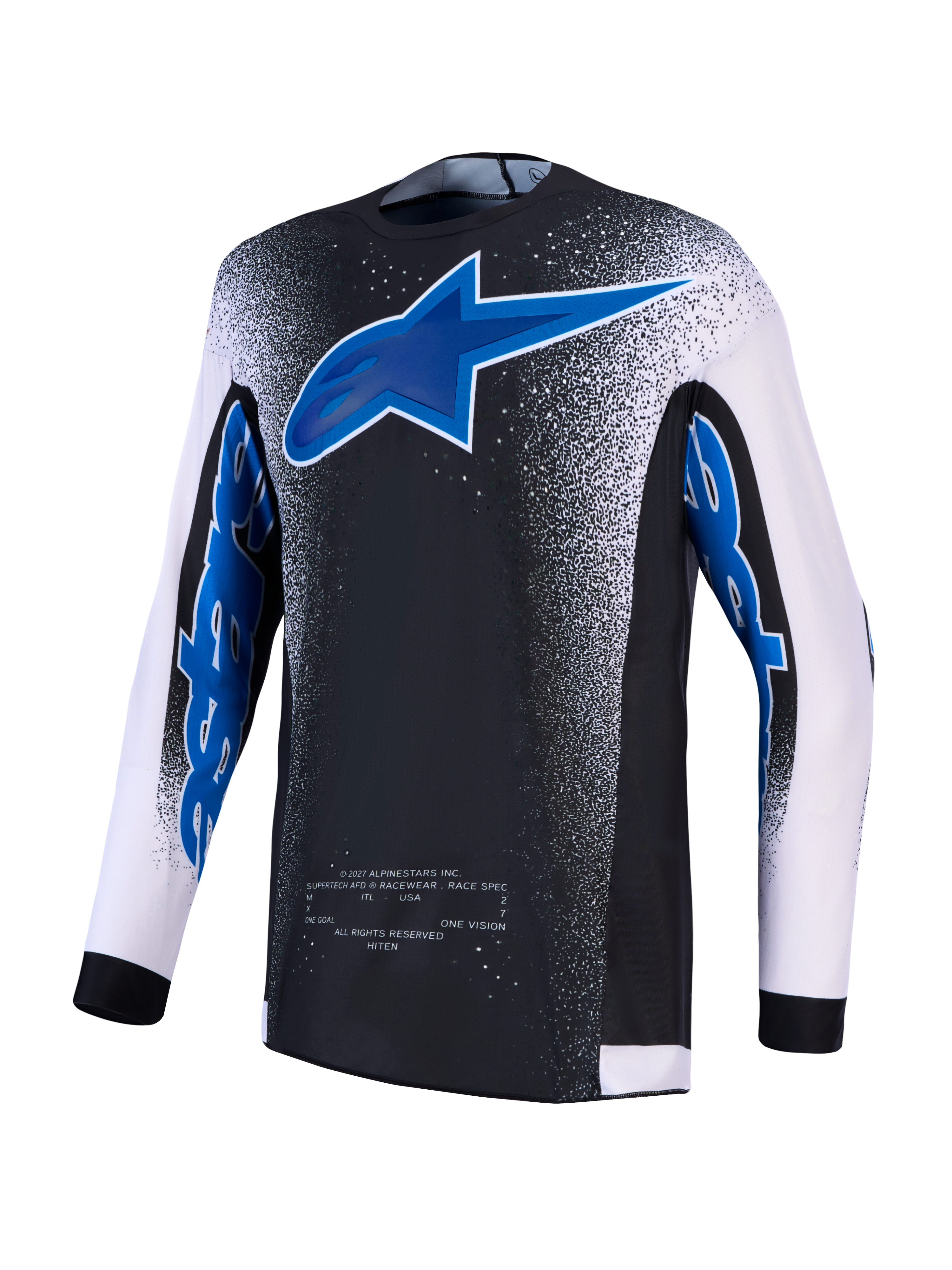 Alpinestars Supertech Hiten AFD, koszulka motocrossowa, męska, czarno-niebieska, białe rękawy, wentylowana siatka stretch