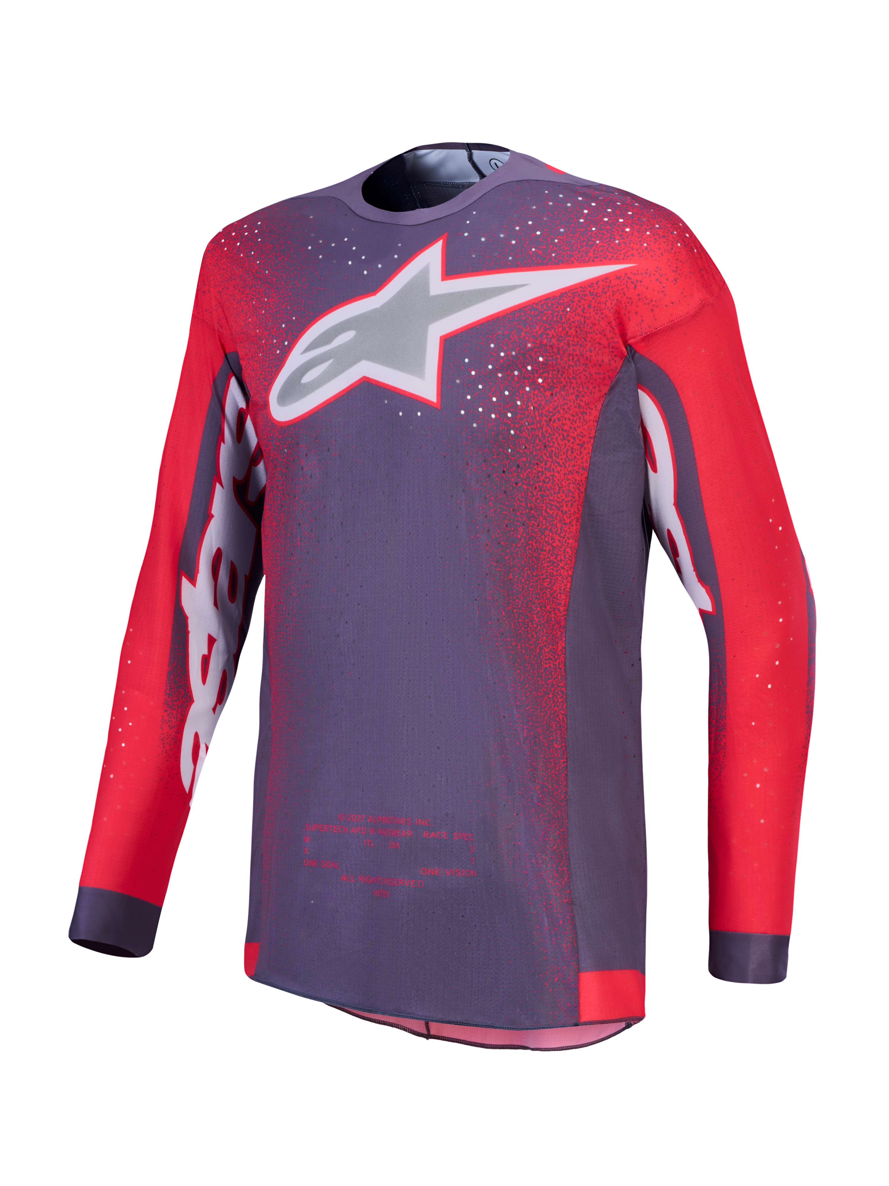 Koszulka Alpinestars Supertech Hiten AFD, męska, szara i czerwona fluo, wentylowana siatka, wyścigowa odzież motocrossowa.