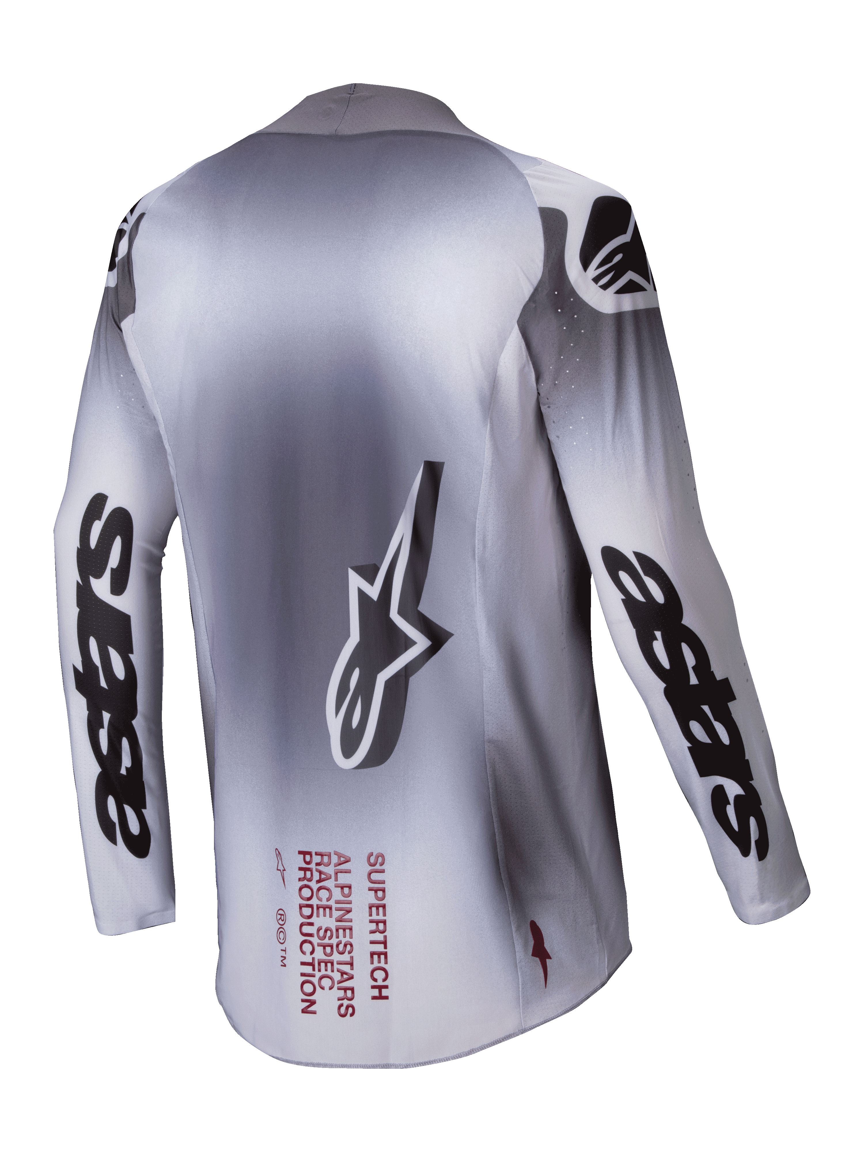 Alpinestars Koszulka Supertech Maker 2025, męska koszulka motocrossowa, srebrno-czarna, widok z tyłu przedstawiający konstrukcję z elastycznej siatki i branding