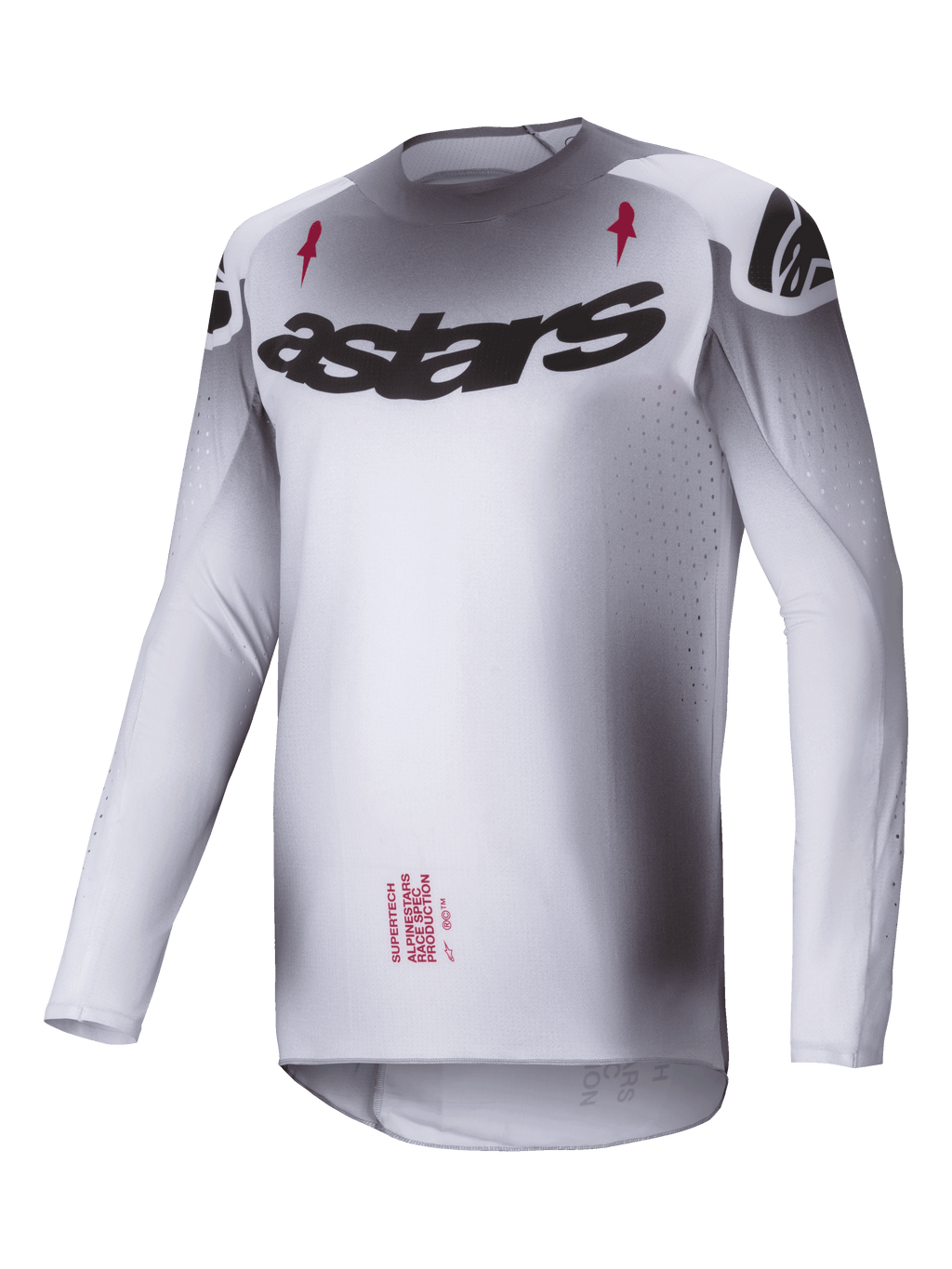 Alpinestars Koszulka Supertech Maker 2025, koszulka motocrossowa męska, srebrno-czarna, ultralekka elastyczna siatka, sportowy krój wyścigowy
