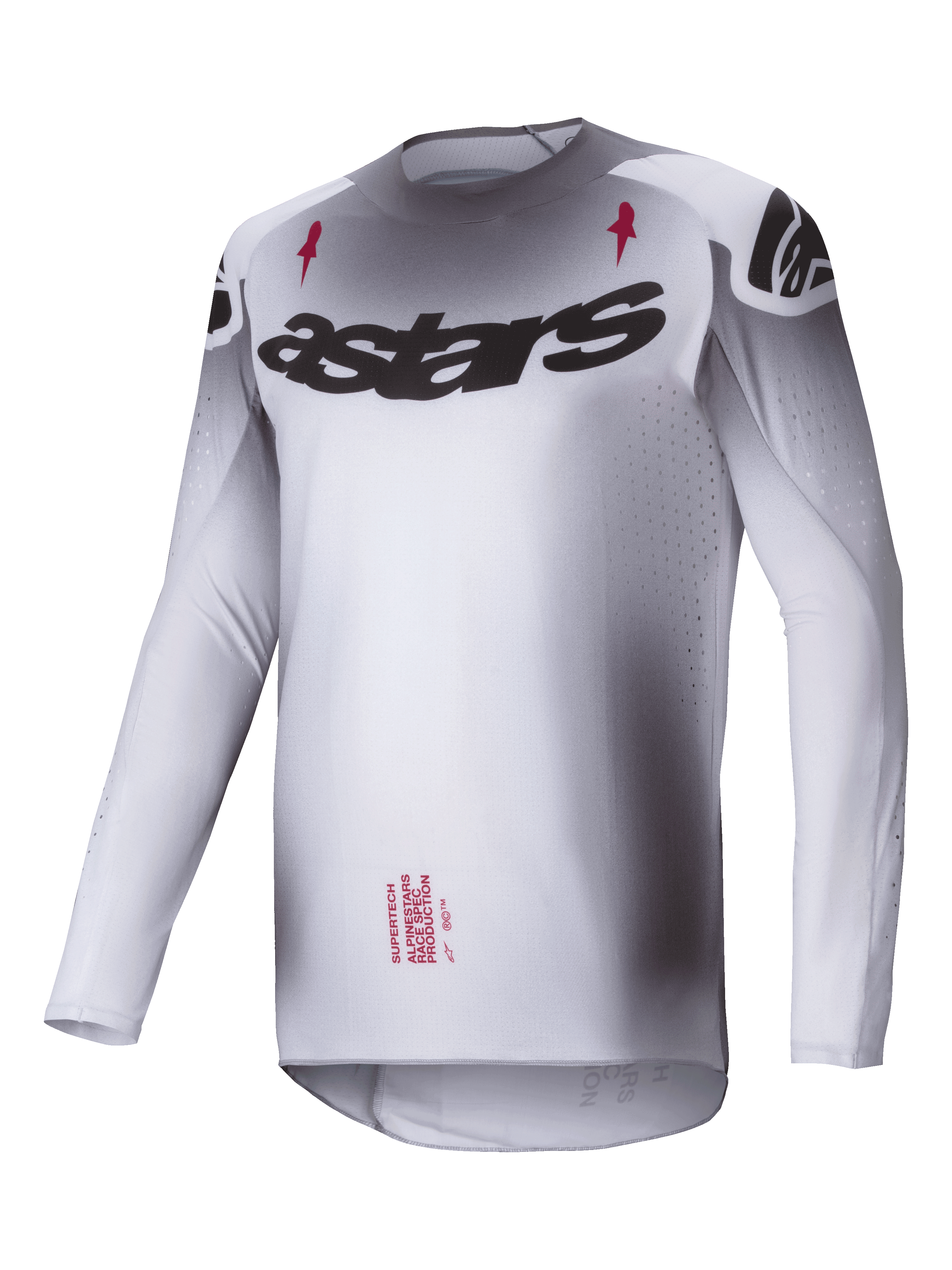 Alpinestars Koszulka Supertech Maker 2025, koszulka motocrossowa męska, srebrno-czarna, ultralekka elastyczna siatka, sportowy krój wyścigowy