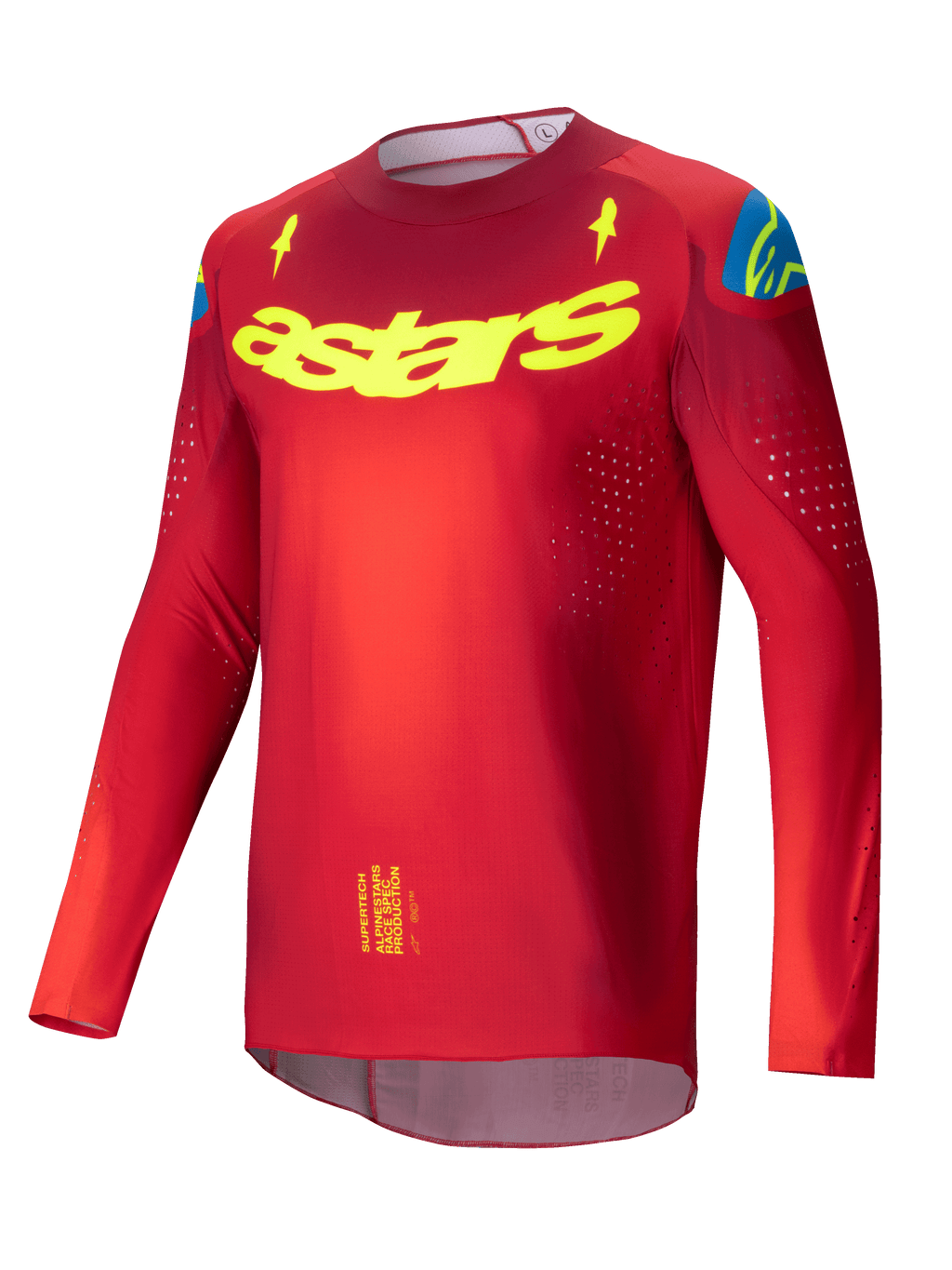 Alpinestars Supertech Maker 2025, męska koszulka motocrossowa, jasnoczerwona i żółto-fluorescencyjna, ultralekka elastyczna siatka z laserowo wycinanymi perforacjami wentylacyjnymi