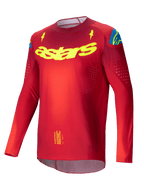 Alpinestars Supertech Maker 2025, męska koszulka motocrossowa, jasnoczerwona i żółto-fluorescencyjna, ultralekka elastyczna siatka z laserowo wycinanymi perforacjami wentylacyjnymi
