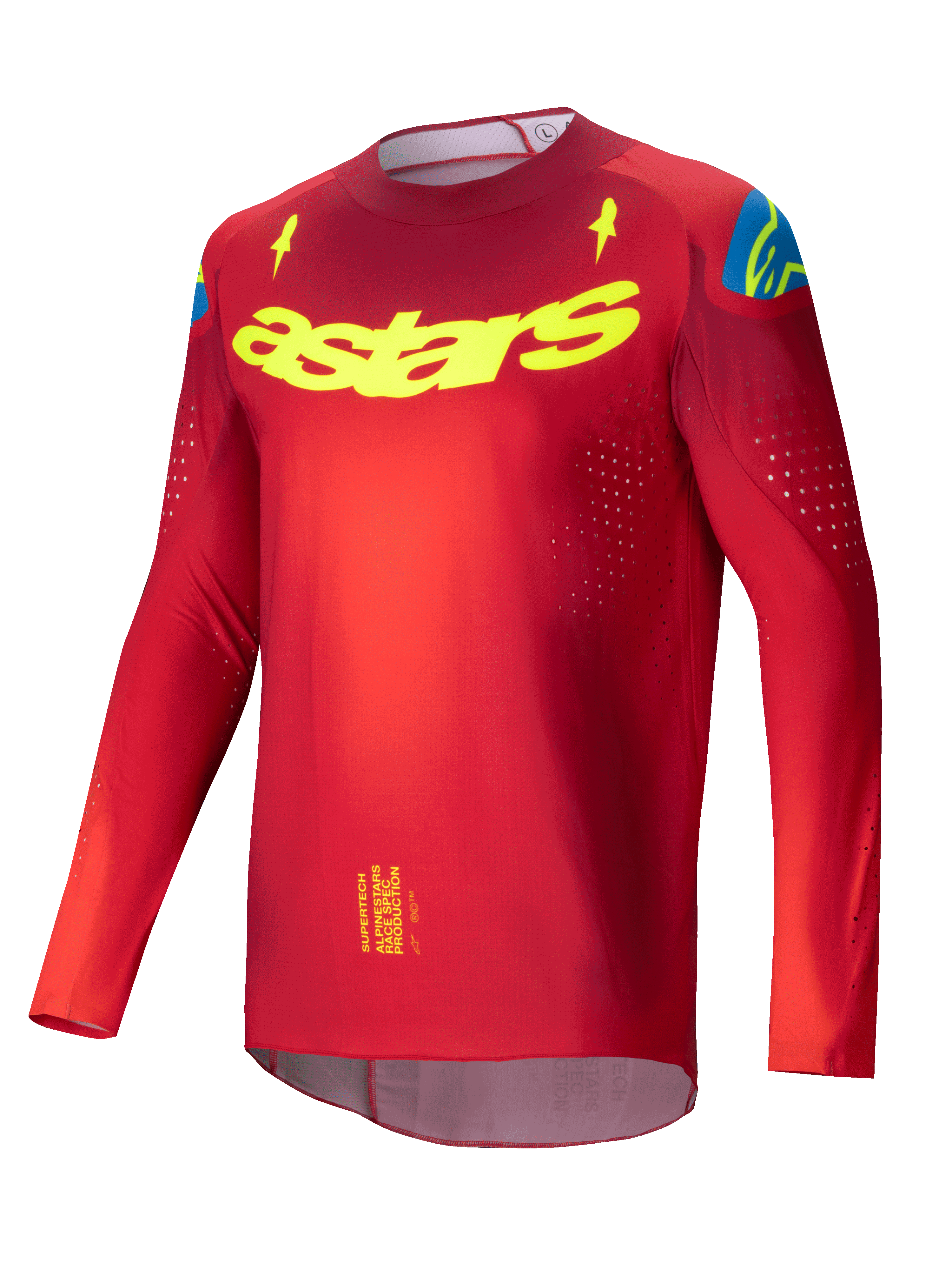 Alpinestars Supertech Maker 2025, męska koszulka motocrossowa, jasnoczerwona i żółto-fluorescencyjna, ultralekka elastyczna siatka z laserowo wycinanymi perforacjami wentylacyjnymi