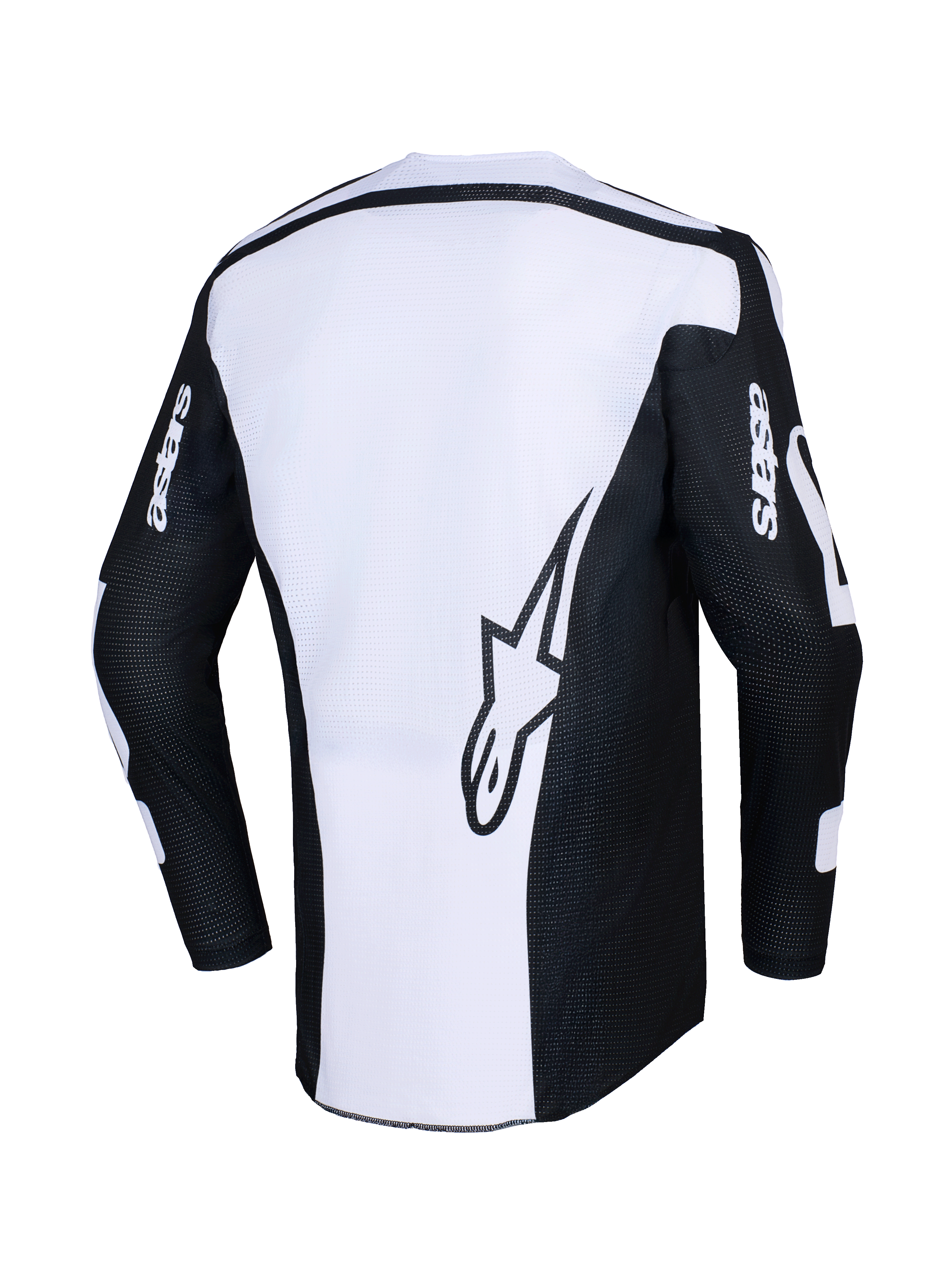 Alpinestars 2026 Racer Air Riway Jersey, koszulka motocrossowa, czarno-biała, widok z tyłu z dużym logo gwiazdy na białym panelu, czarne rękawy z brandingiem „astars”, perforowany materiał siatkowy zapewniający przepływ powietrza, techniczna odzież off-road