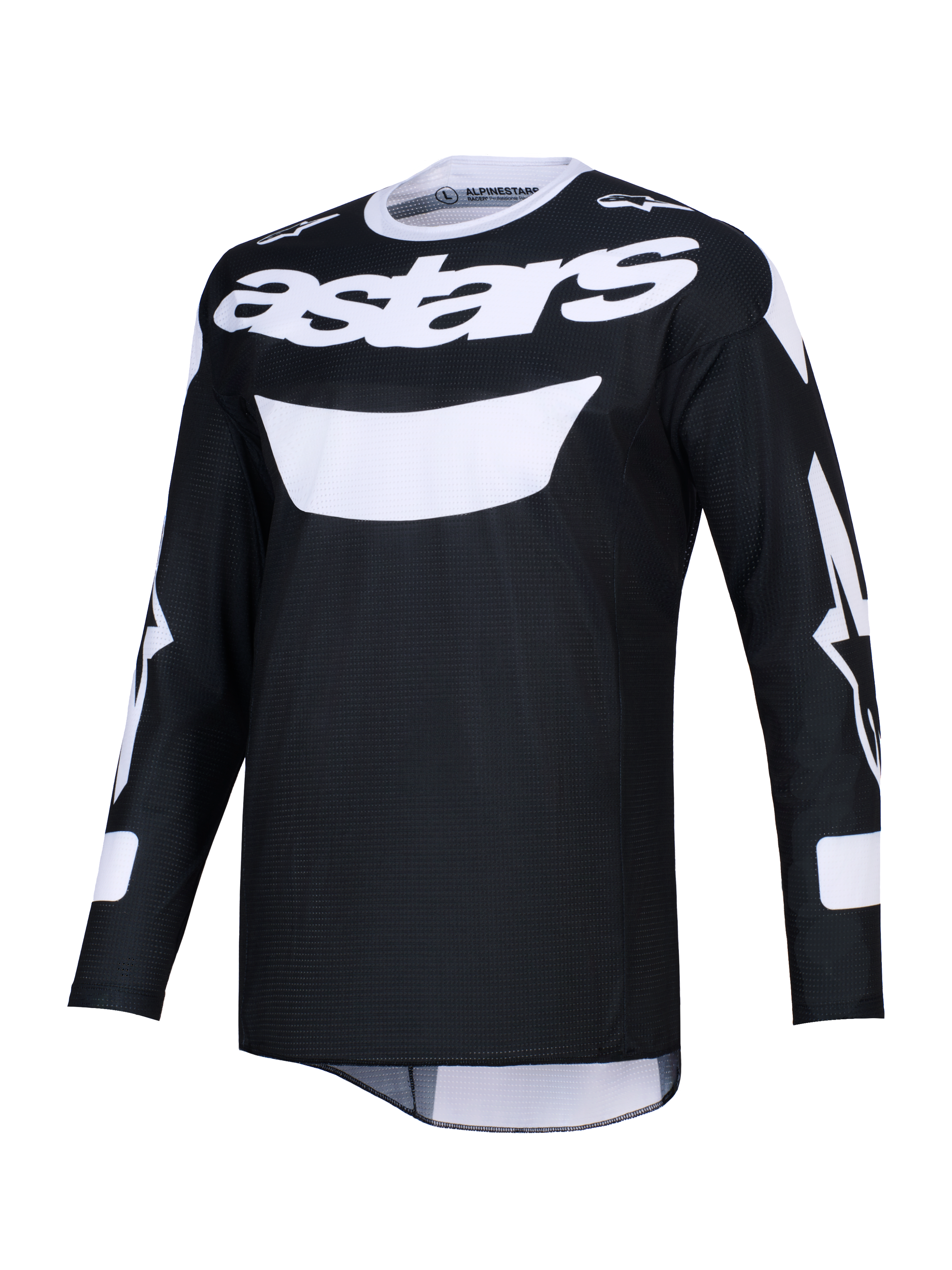 Alpinestars Racer Air Riway Jersey 2026, czarno-biała koszulka motocrossowa, z wyraźnym białym logo astars na klatce piersiowej, lekki materiał siateczkowy zapewniający wysoki przepływ powietrza, długie rękawy i sportowy krój do jazdy terenowej