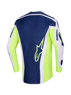 Alpinestars 2026 Racer Air Riway Jersey, koszulka motocrossowa, jasnoszary, żółty fluo i niebieski, widok z tyłu z granatowym panelem środkowym i żółtym logo gwiazdy, jaskrawożółte boki fluo i jasnoszare rękawy dla wydajności off-road.