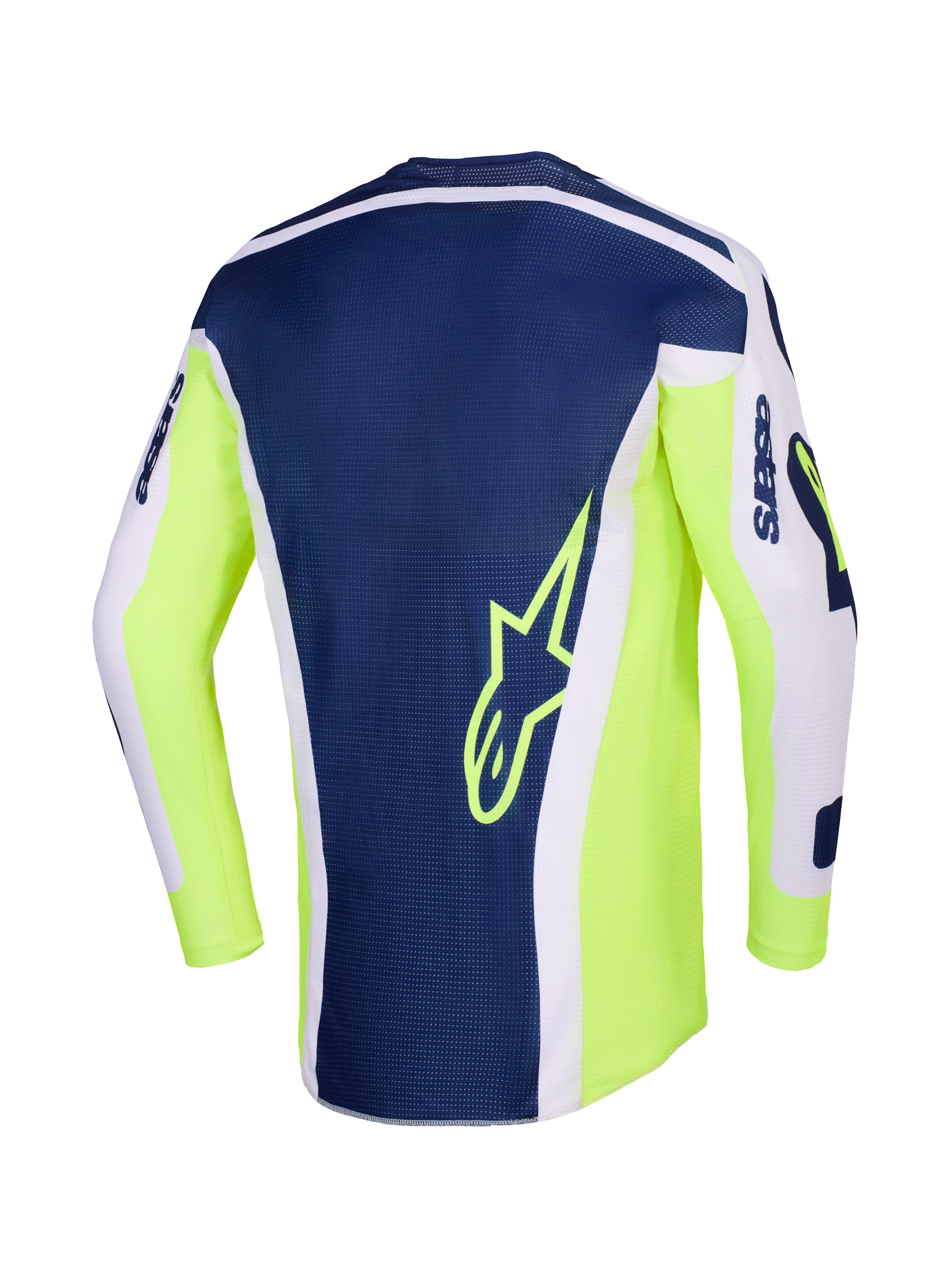 Alpinestars 2026 Racer Air Riway Jersey, koszulka motocrossowa, jasnoszary, żółty fluo i niebieski, widok z tyłu z granatowym panelem środkowym i żółtym logo gwiazdy, jaskrawożółte boki fluo i jasnoszare rękawy dla wydajności off-road.