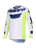 Alpinestars 2026 Racer Air Riway Jersey, koszulka motocrossowa, jasnoszara z neonowożółtymi i niebieskimi akcentami, branding „astars” na klatce piersiowej, neonowożółte panele boczne, oddychająca konstrukcja z siateczki do jazdy off-road