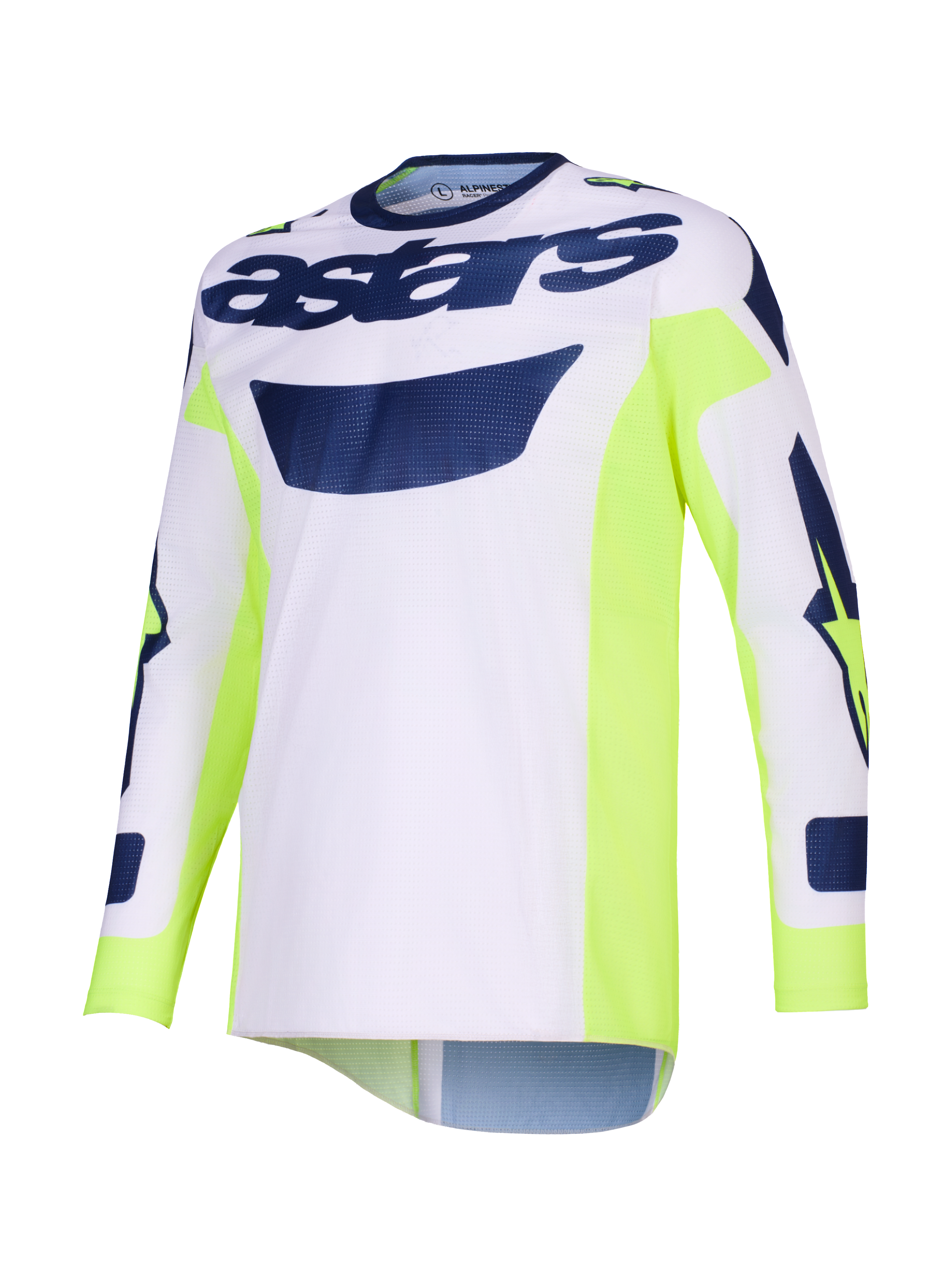 Alpinestars 2026 Racer Air Riway Jersey, koszulka motocrossowa, jasnoszara z neonowożółtymi i niebieskimi akcentami, branding „astars” na klatce piersiowej, neonowożółte panele boczne, oddychająca konstrukcja z siateczki do jazdy off-road