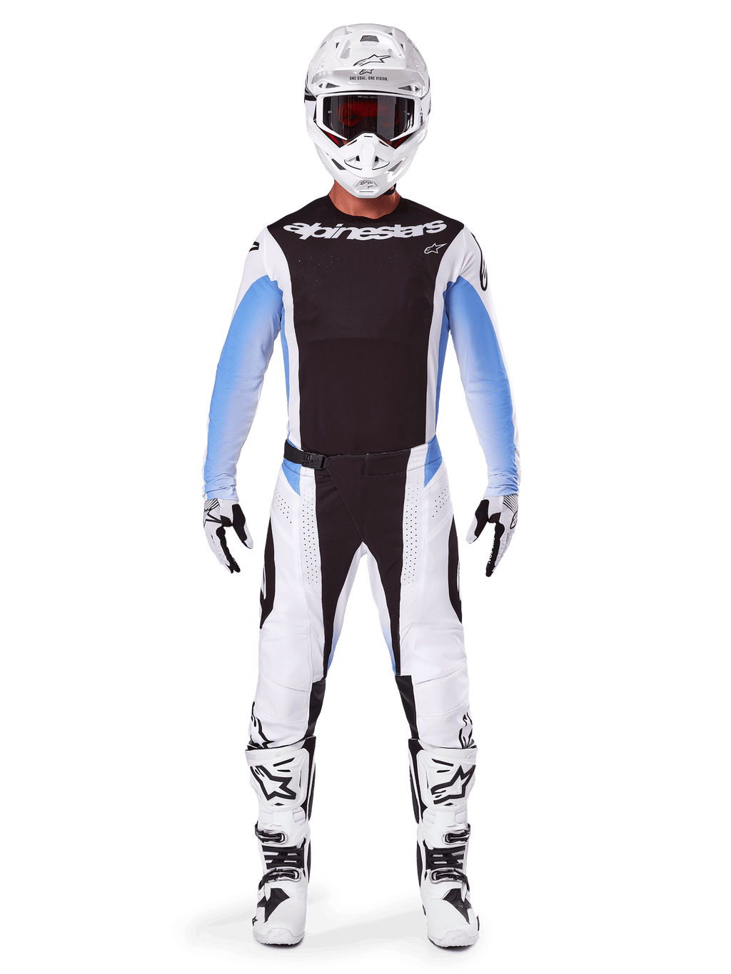 Motocross rider wearing complete Alpinestars 2025 Techstar Melt gear, black jersey with light blue gradient sleeves, white pants with black and blue accents, white helmet with black goggles, white and black boots and gloves, coordinated MX gear set for off-road racing