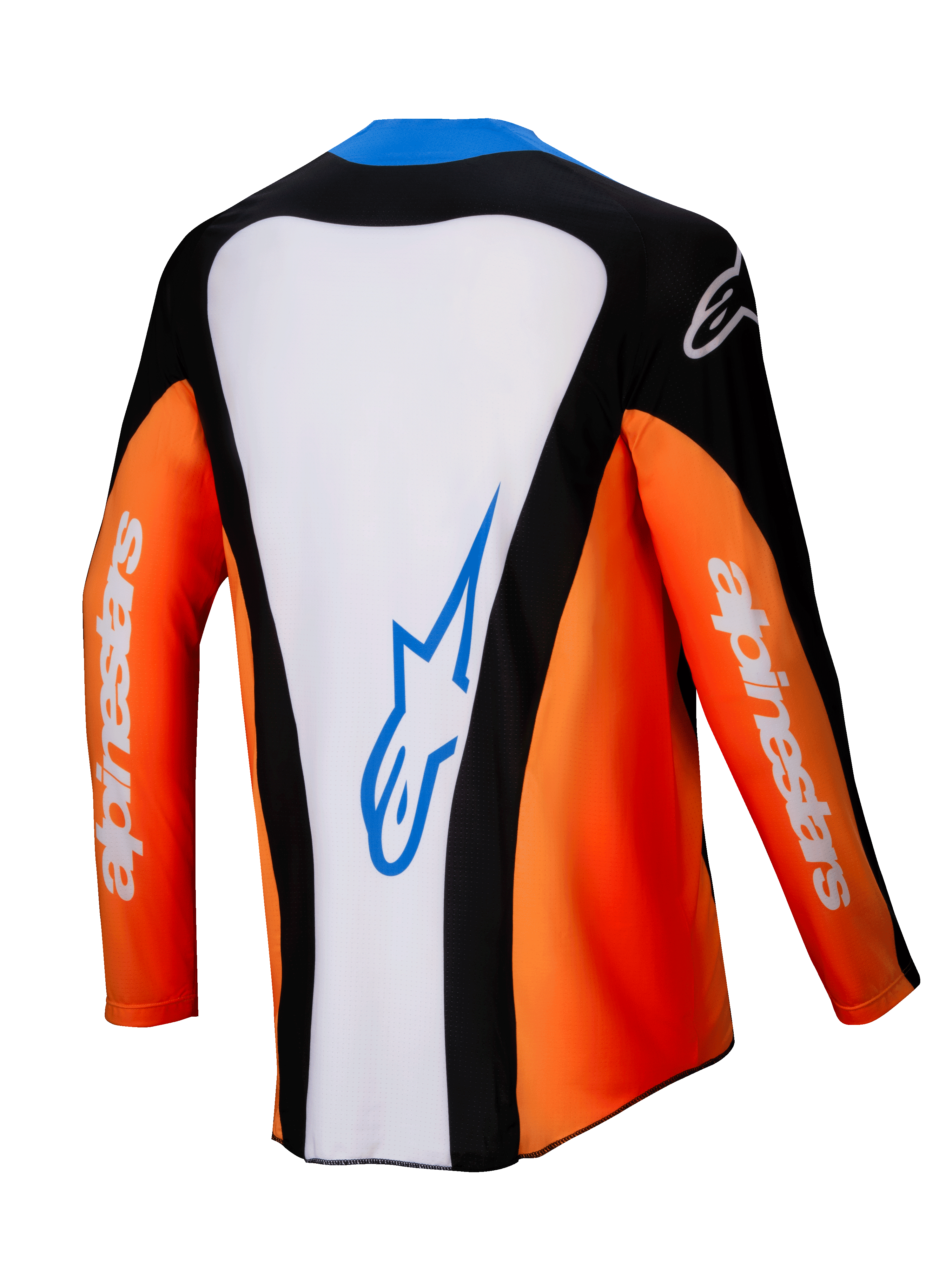 Alpinestars Techstar Melt Jersey 2025, koszulka motocrossowa, widok z tyłu, pomarańczowa, biała i czarna z niebieskimi akcentami, biały panel środkowy z niebieskim logo, pomarańczowe rękawy z białym brandingiem, wysokiej klasy odzież wyścigowa off-road
