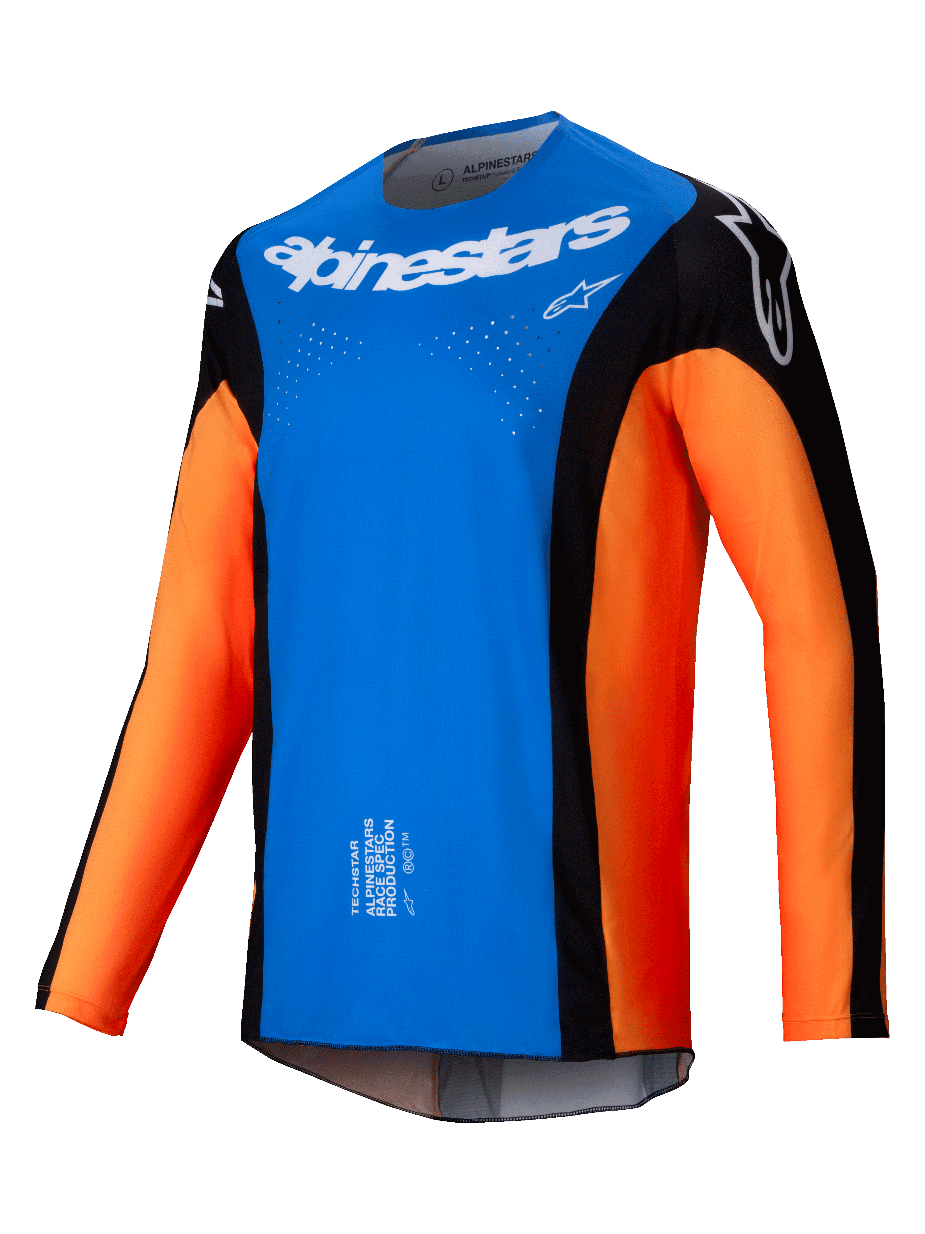 Alpinestars Techstar Melt Jersey 2025, koszulka motocrossowa, jasnoniebieska i pomarańczowa z czarnymi panelami, białe logo Alpinestars na piersi, laserowo wycinane otwory wentylacyjne, techniczna konstrukcja z długim rękawem do wyścigów terenowych