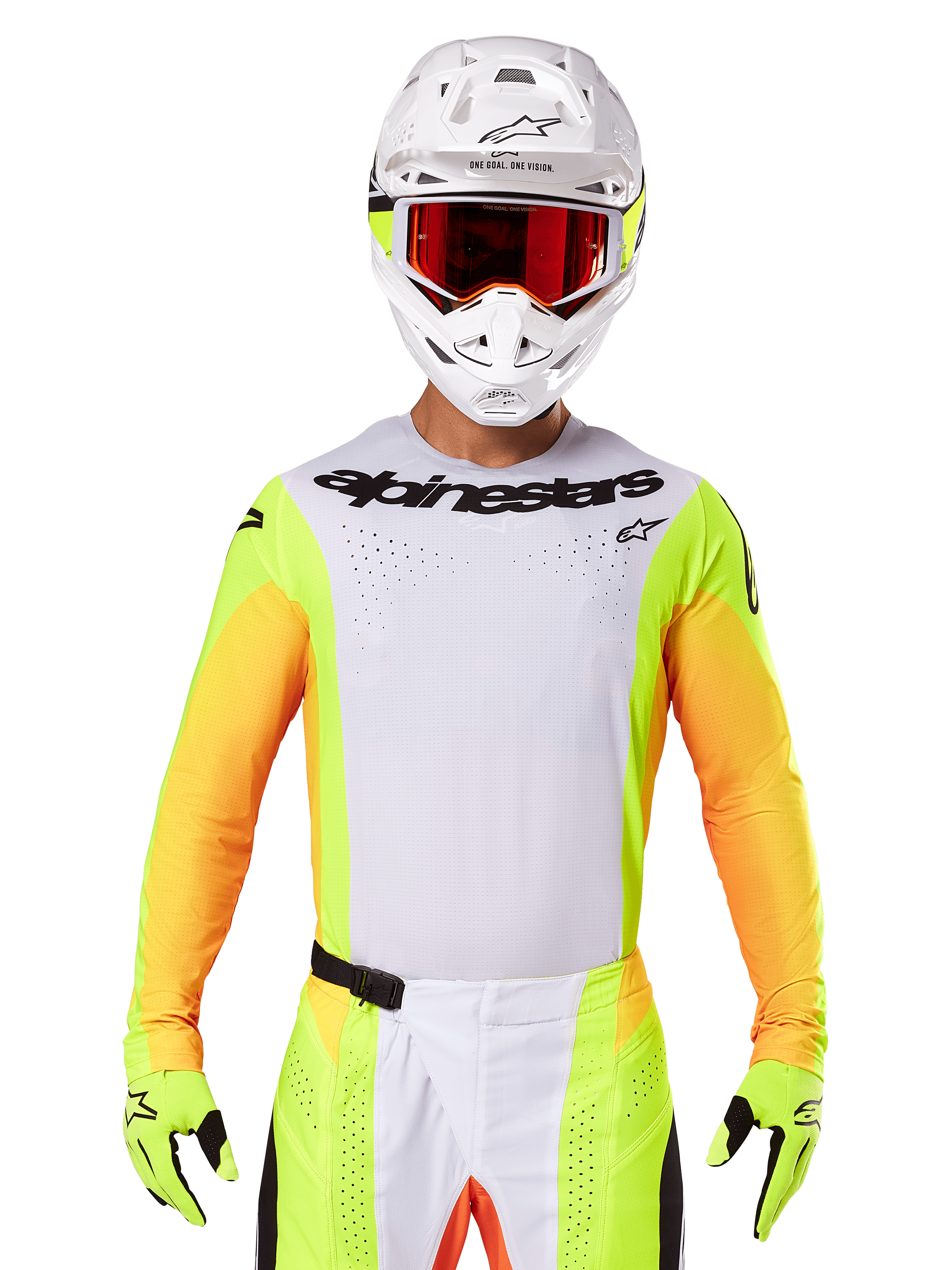Alpinestars 2025 Techstar Melt Jersey, odzież do wyścigów motocrossowych, biały przód z neonowo-żółtymi i pomarańczowymi rękawami, zawodnik w białym kasku i czerwonych goglach, neonowo-żółte rękawice z czarnym logo, wyrazista kolorystyka dla wydajności off-road