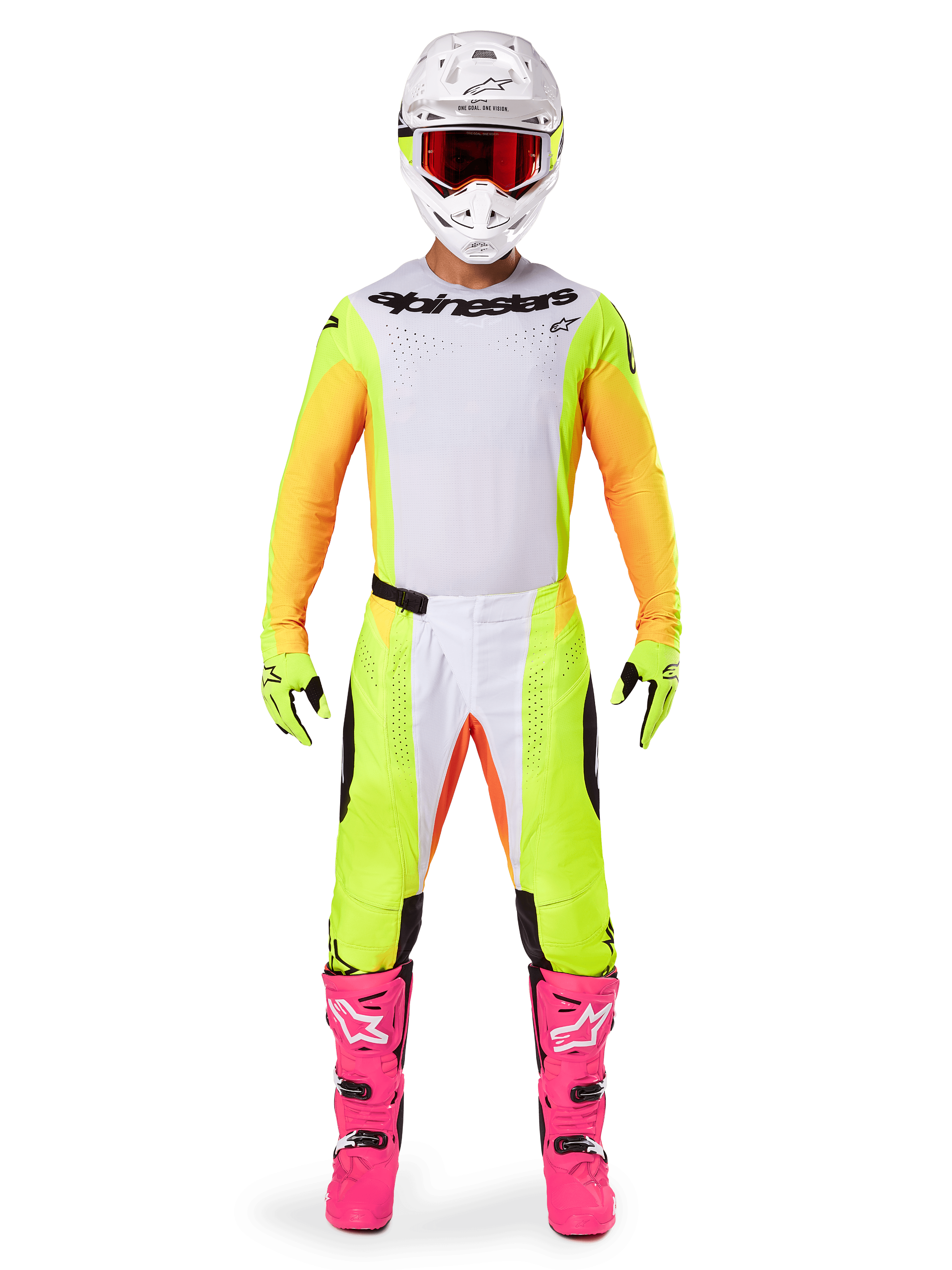Alpinestars 2025 Techstar Melt Jersey, zawodnik motocrossowy w pełnym rynsztunku, biało-żółta koszulka z pomarańczowymi rękawami, pasujące żółte spodnie, jaskraworóżowe buty, biały kask z czerwonymi goglami, kompletny zestaw wyścigowy off-road