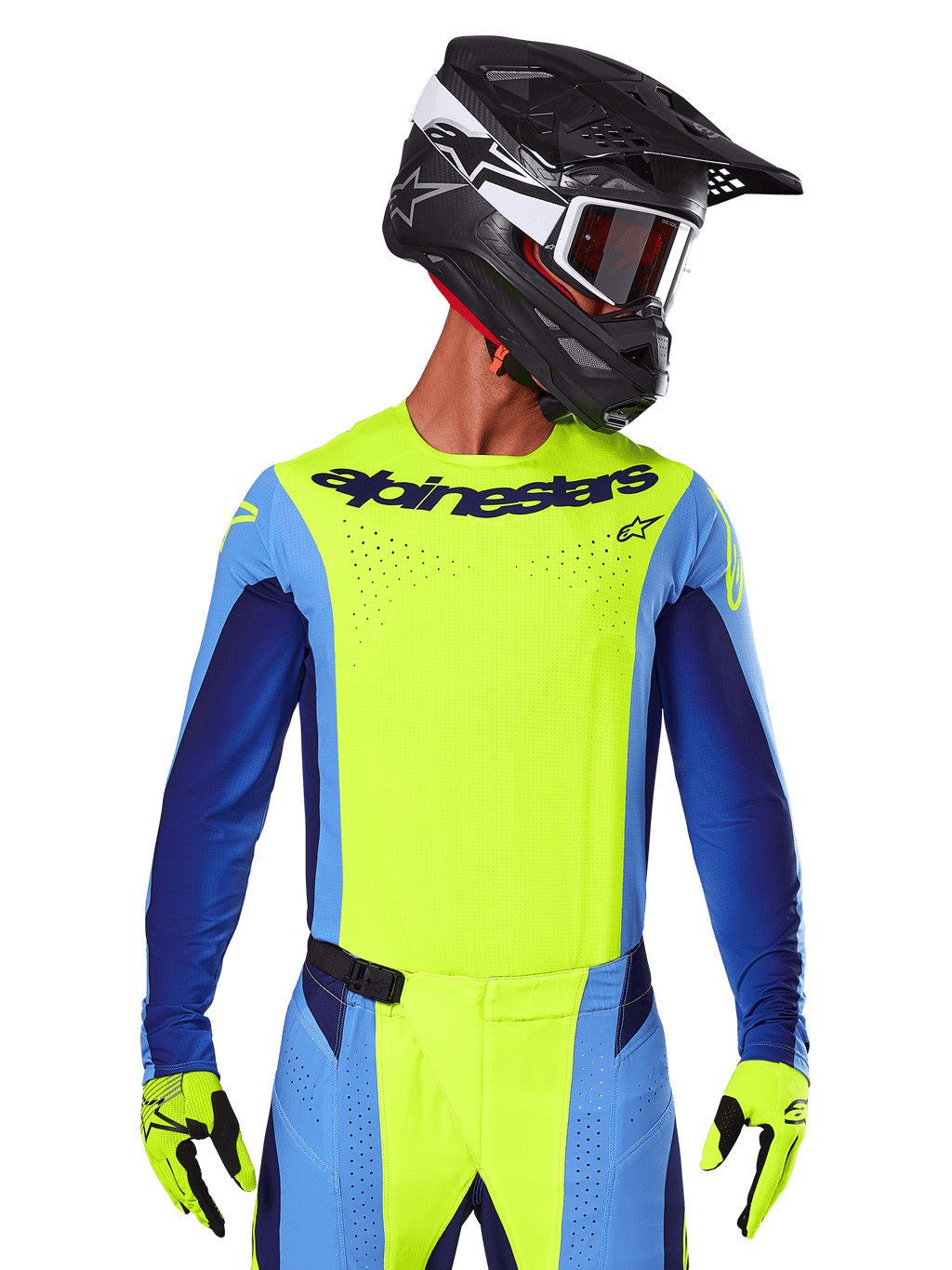 Koszulka Techstar Melt 2025, koszulka motocrossowa, żółta fluo i niebieska, z laserowo wycinaną wentylacją i sportowym krojem wyścigowym, zawodnik w czarnym kasku i żółtych rękawicach fluo