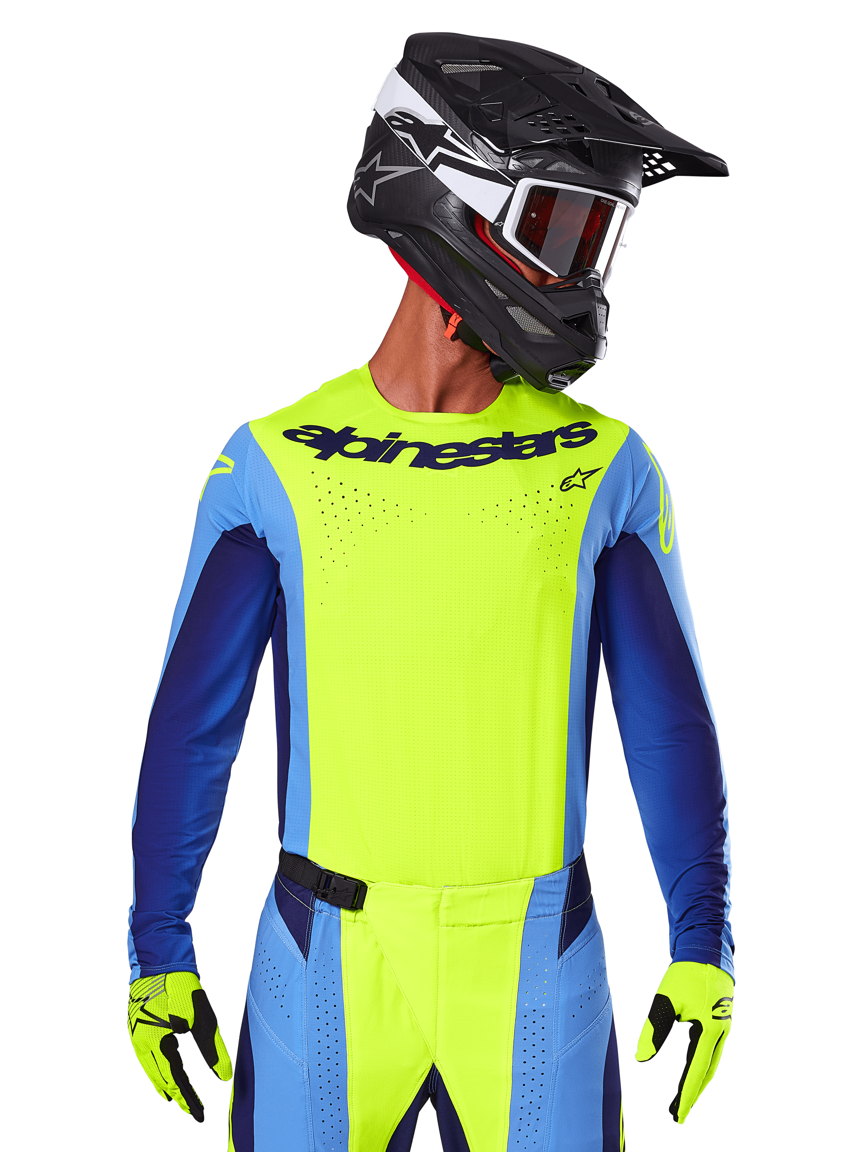 Koszulka Techstar Melt 2025, koszulka motocrossowa, żółta fluo i niebieska, z laserowo wycinaną wentylacją i sportowym krojem wyścigowym, zawodnik w czarnym kasku i żółtych rękawicach fluo