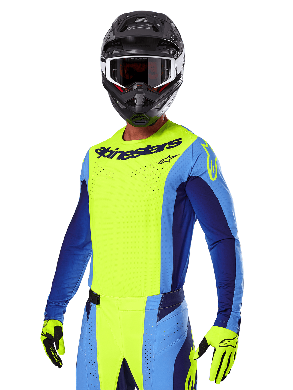 Alpinestars 2025 Techstar Melt Gear Set, zawodnik motocrossowy w jaskrawożółtej i niebieskiej koszulce oraz pasujących spodniach, czarny kask z biało-czarnymi goglami, żółte rękawice, dopasowany strój do wyścigów terenowych z wyraźnym brandingiem Alpinestars i perforowanymi detalami