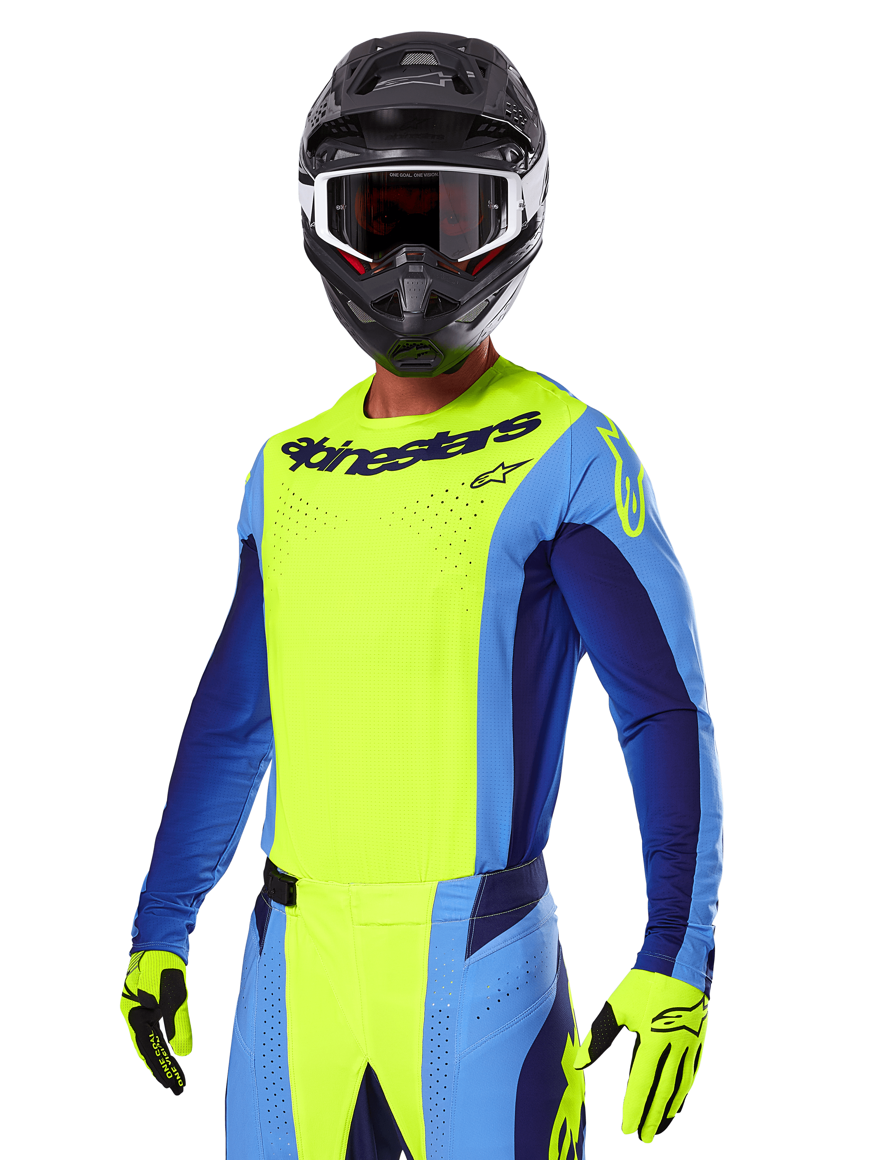 Alpinestars 2025 Techstar Melt Gear Set, zawodnik motocrossowy w jaskrawożółtej i niebieskiej koszulce oraz pasujących spodniach, czarny kask z biało-czarnymi goglami, żółte rękawice, dopasowany strój do wyścigów terenowych z wyraźnym brandingiem Alpinestars i perforowanymi detalami