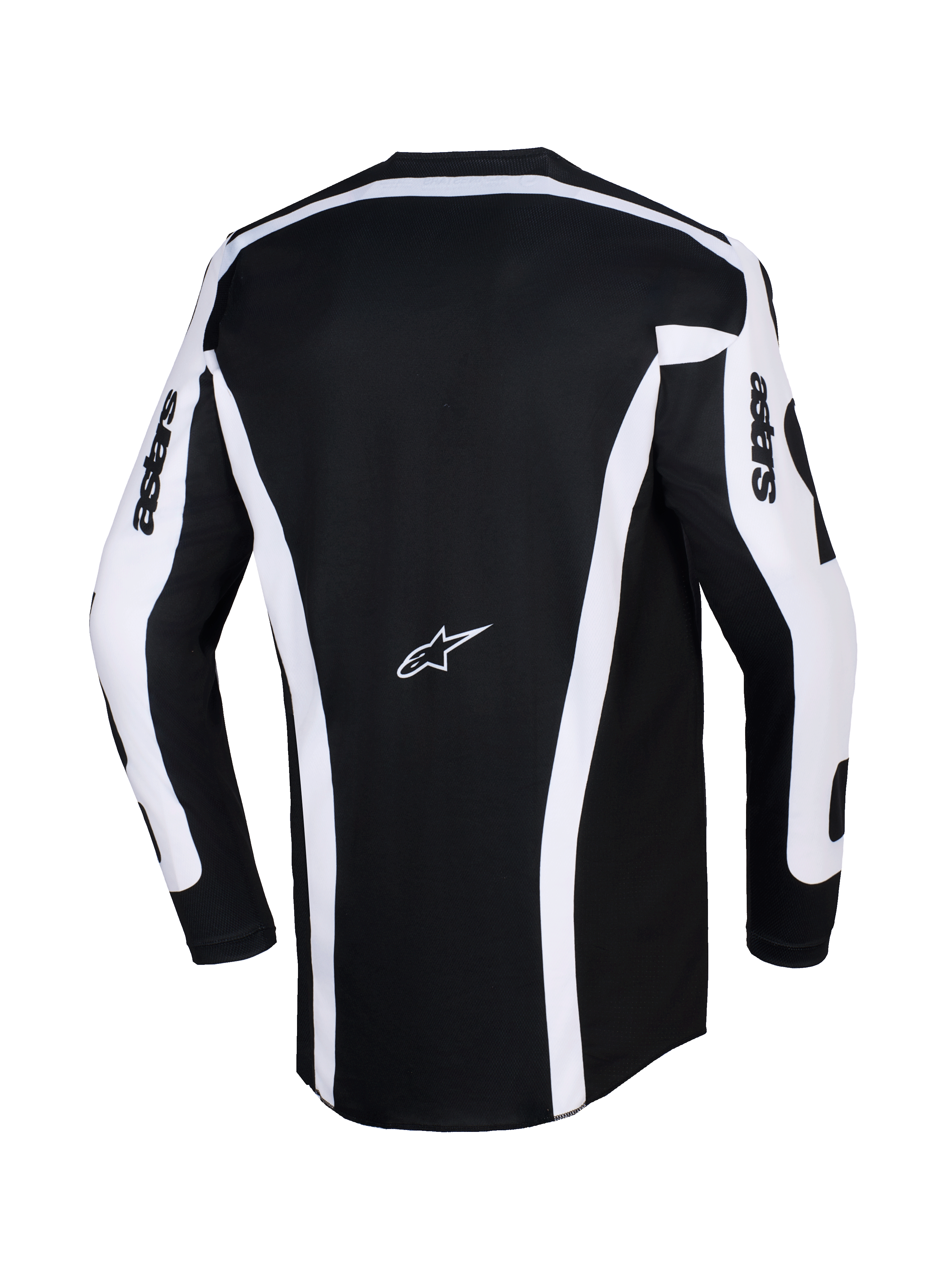 Alpinestars 2026 Racer Riway Jersey, koszulka motocrossowa, biało-czarna, widok z tyłu przedstawiający czarny korpus z białymi pionowymi pasami i panelami na rękawach, logo Astars na środku pleców, napis „astars” na rękawach, przedłużony tył dla lepszej osłony podczas jazdy terenowej