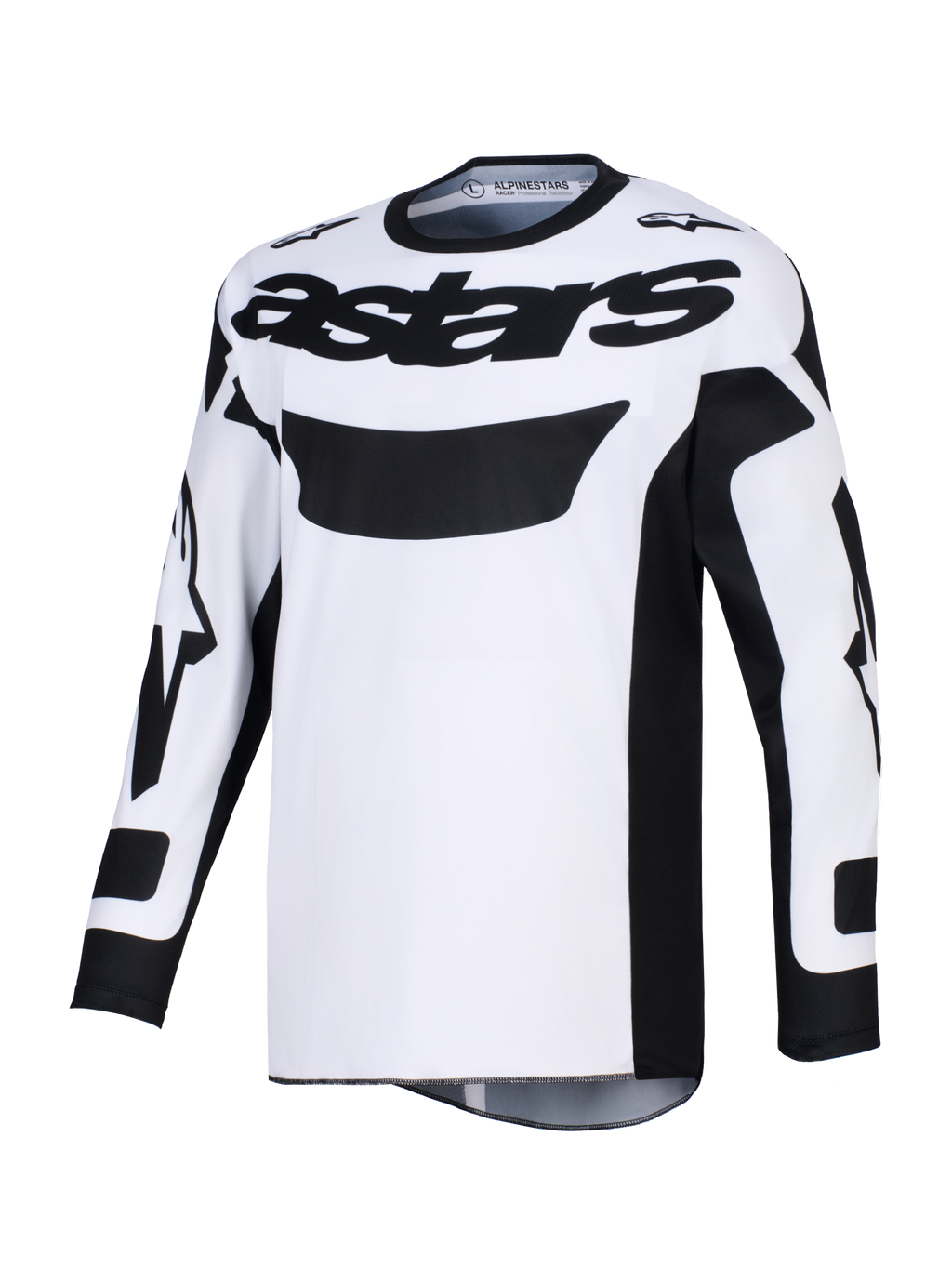 Alpinestars 2026 Racer Riway Jersey, koszulka motocrossowa, biało-czarna z wyraźnym czarnym logo „astars” na klatce piersiowej, odprowadzający wilgoć materiał poliestrowy, ergonomiczny krój wyścigowy