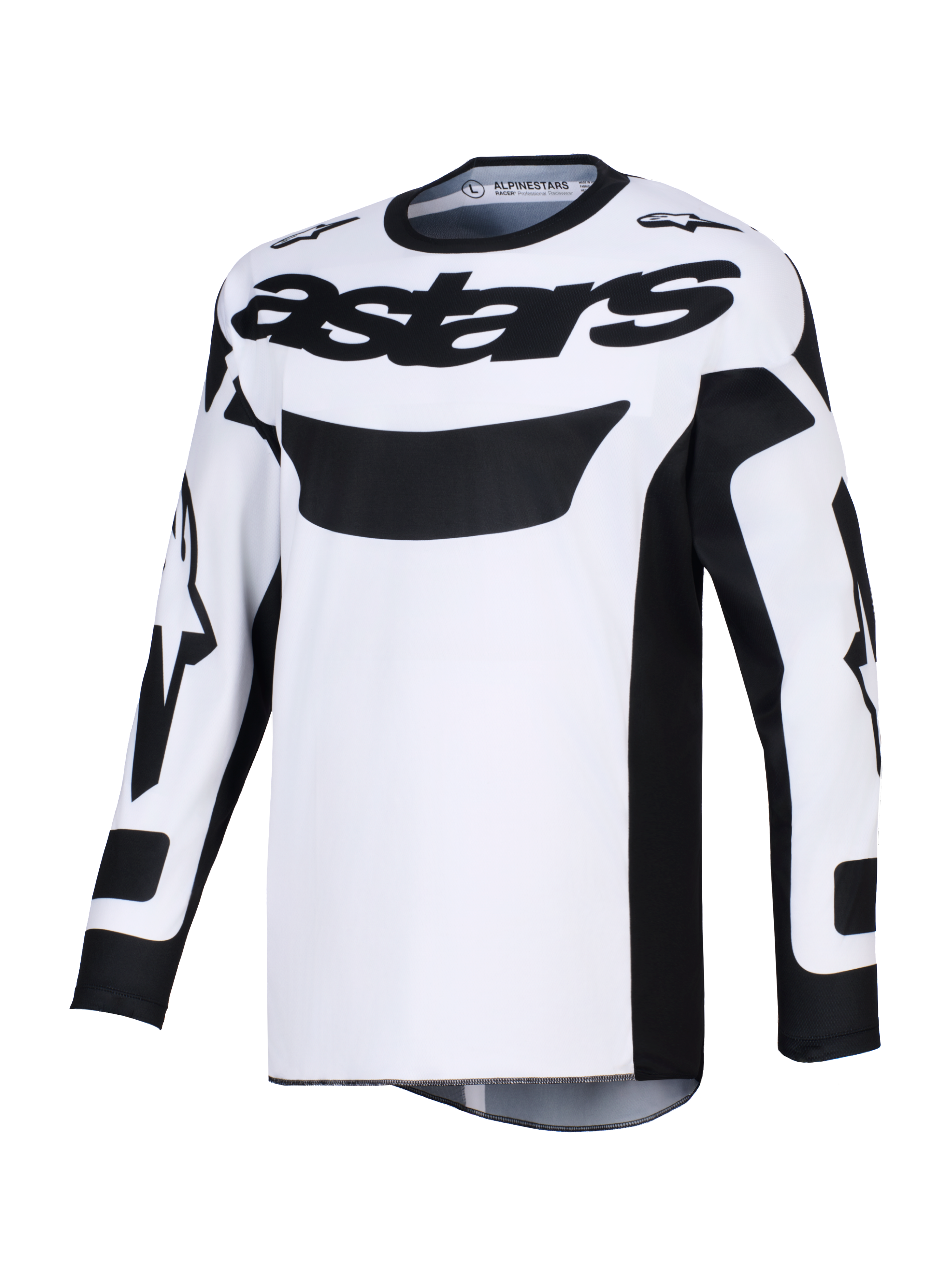Alpinestars 2026 Racer Riway Jersey, koszulka motocrossowa, biało-czarna z wyraźnym czarnym logo „astars” na klatce piersiowej, odprowadzający wilgoć materiał poliestrowy, ergonomiczny krój wyścigowy