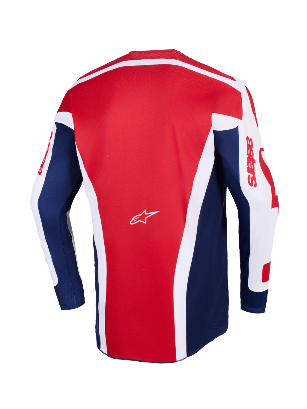 Alpinestars 2026 Racer Riway Jersey, koszulka motocrossowa, biało-niebiesko-czerwona, widok z tyłu przedstawiający duży czerwony panel środkowy z białymi geometrycznymi akcentami, niebieskie panele boczne i białe rękawy z czerwonym brandingiem astars oraz małe białe logo Alpinestars pośrodku.