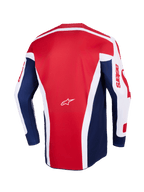 Alpinestars 2026 Racer Riway Jersey, koszulka motocrossowa, biało-niebiesko-czerwona, widok z tyłu przedstawiający duży czerwony panel środkowy z białymi geometrycznymi akcentami, niebieskie panele boczne i białe rękawy z czerwonym brandingiem astars oraz małe białe logo Alpinestars pośrodku.
