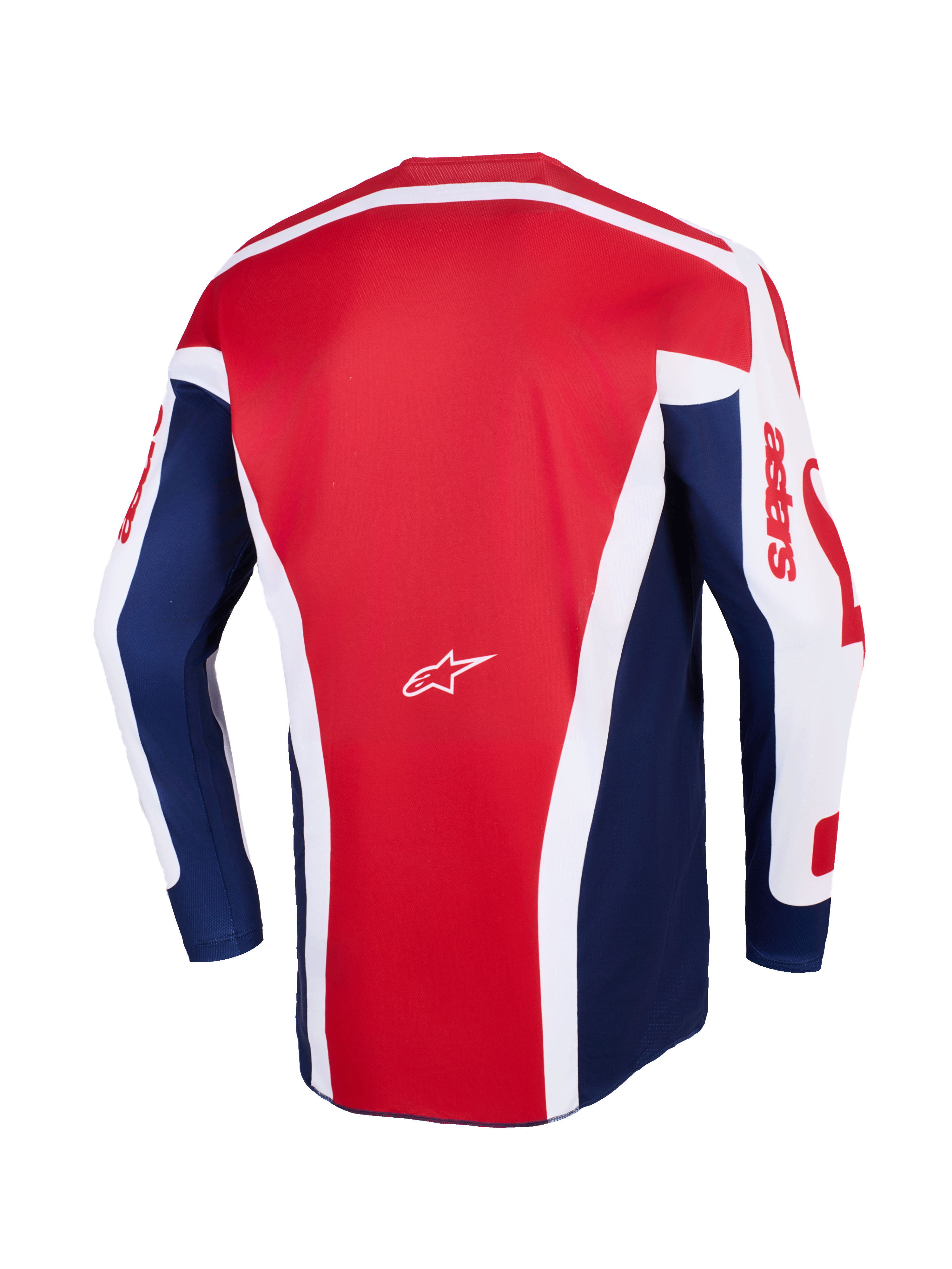 Alpinestars 2026 Racer Riway Jersey, koszulka motocrossowa, biało-niebiesko-czerwona, widok z tyłu przedstawiający duży czerwony panel środkowy z białymi geometrycznymi akcentami, niebieskie panele boczne i białe rękawy z czerwonym brandingiem astars oraz małe białe logo Alpinestars pośrodku.
