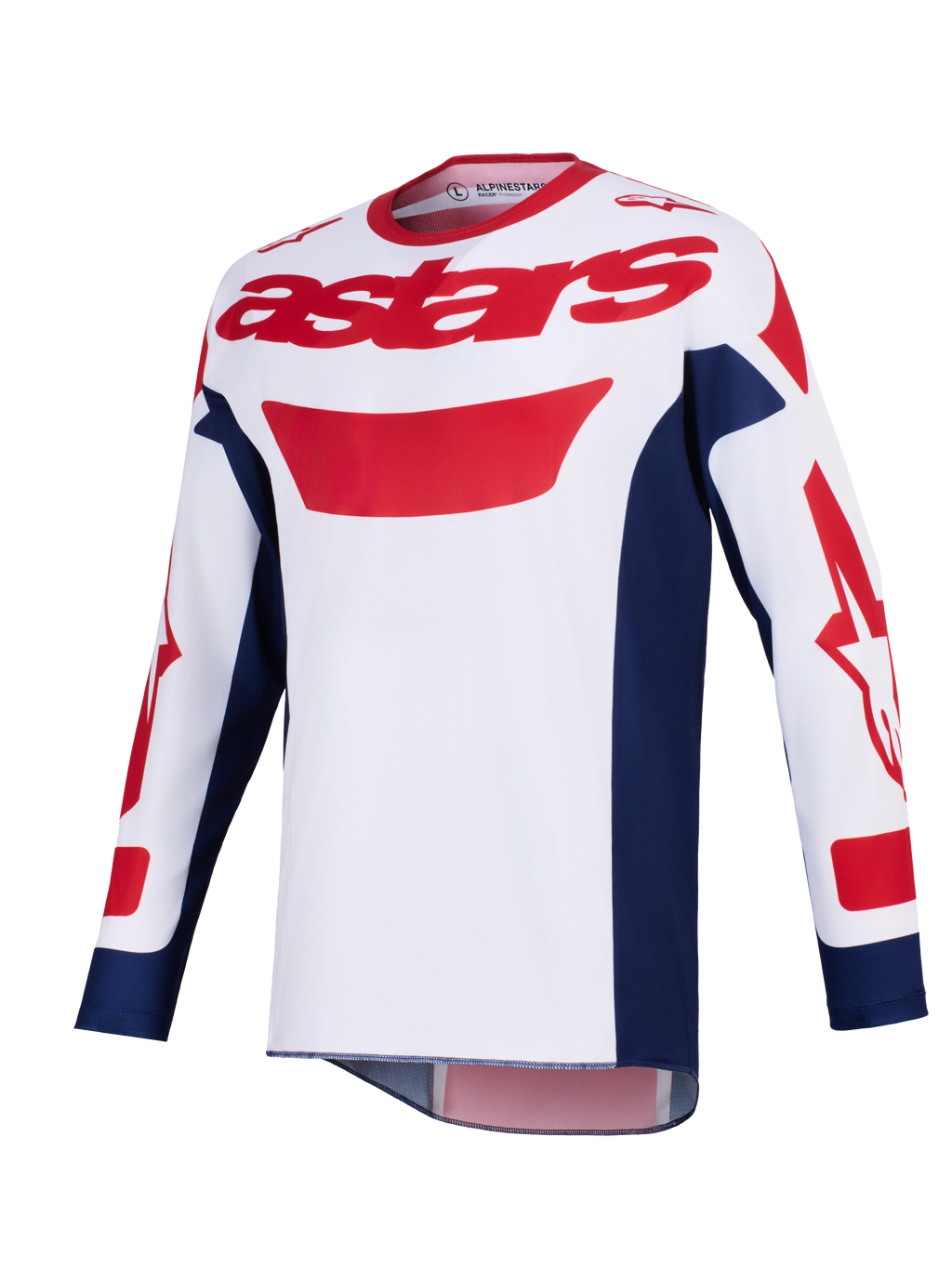 Alpinestars 2026 Racer Riway Jersey, koszulka motocrossowa, biała z niebieskimi i czerwonymi akcentami, czerwone logo astars na piersi, granatowe panele boczne, długie rękawy z czerwonymi grafikami, profesjonalna odzież do jazdy off-road