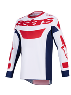 Alpinestars 2026 Racer Riway Jersey, koszulka motocrossowa, biała z niebieskimi i czerwonymi akcentami, czerwone logo astars na piersi, granatowe panele boczne, długie rękawy z czerwonymi grafikami, profesjonalna odzież do jazdy off-road