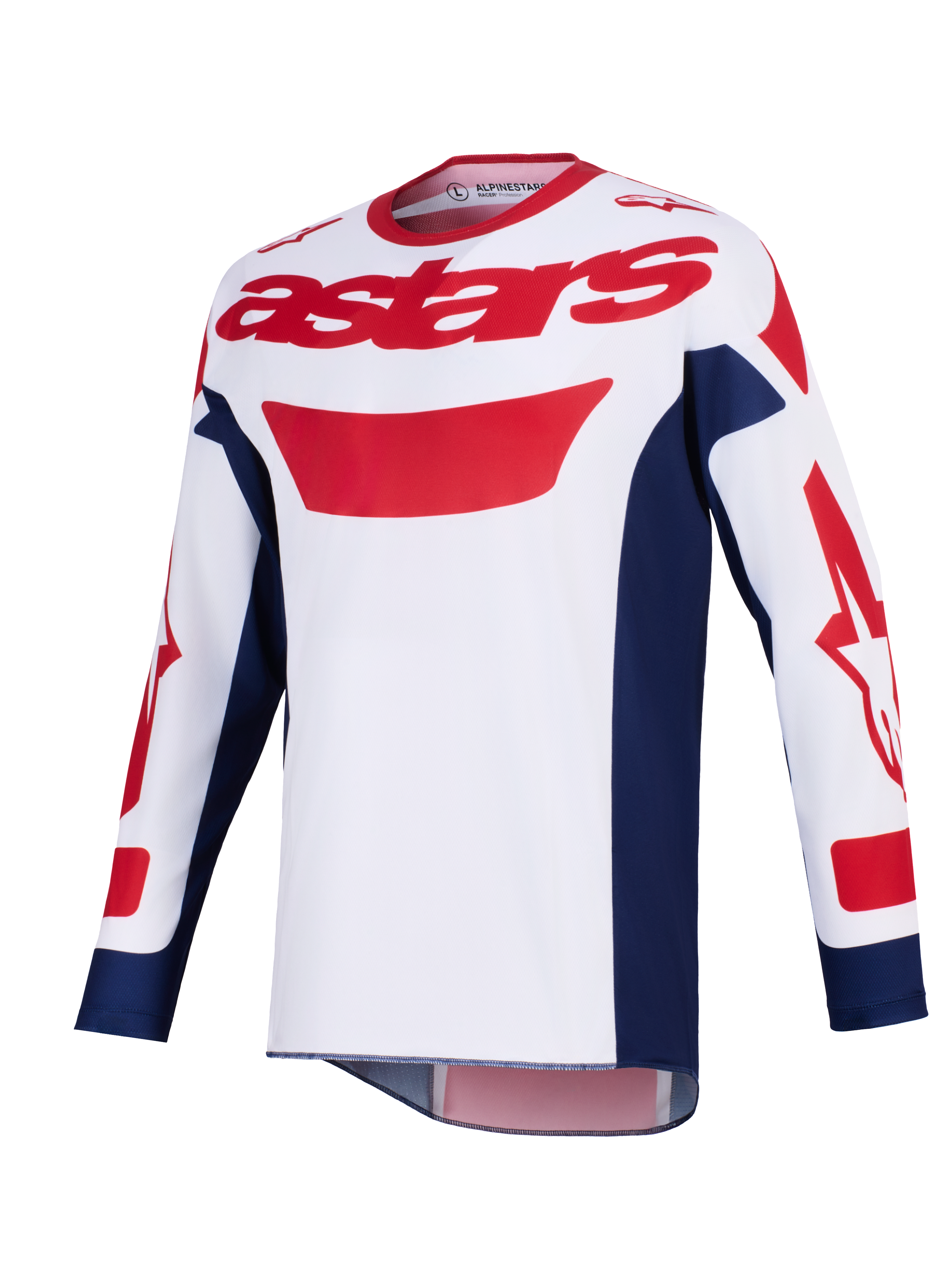Alpinestars 2026 Racer Riway Jersey, koszulka motocrossowa, biała z niebieskimi i czerwonymi akcentami, czerwone logo astars na piersi, granatowe panele boczne, długie rękawy z czerwonymi grafikami, profesjonalna odzież do jazdy off-road