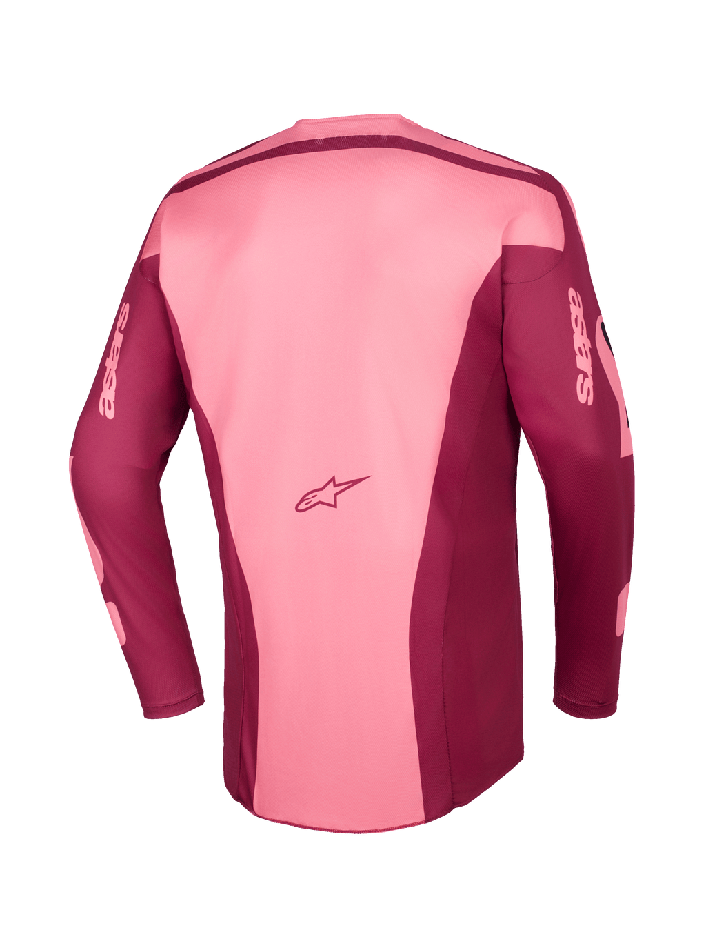 Koszulka Alpinestars 2026 Racer Riway Jersey, koszulka motocrossowa, kolor Dark Red Coral, widok z tyłu przedstawiający wielopanelową konstrukcję, logo Astars na dole pleców oraz branding astars na długich rękawach, wyczynowy sprzęt off-road