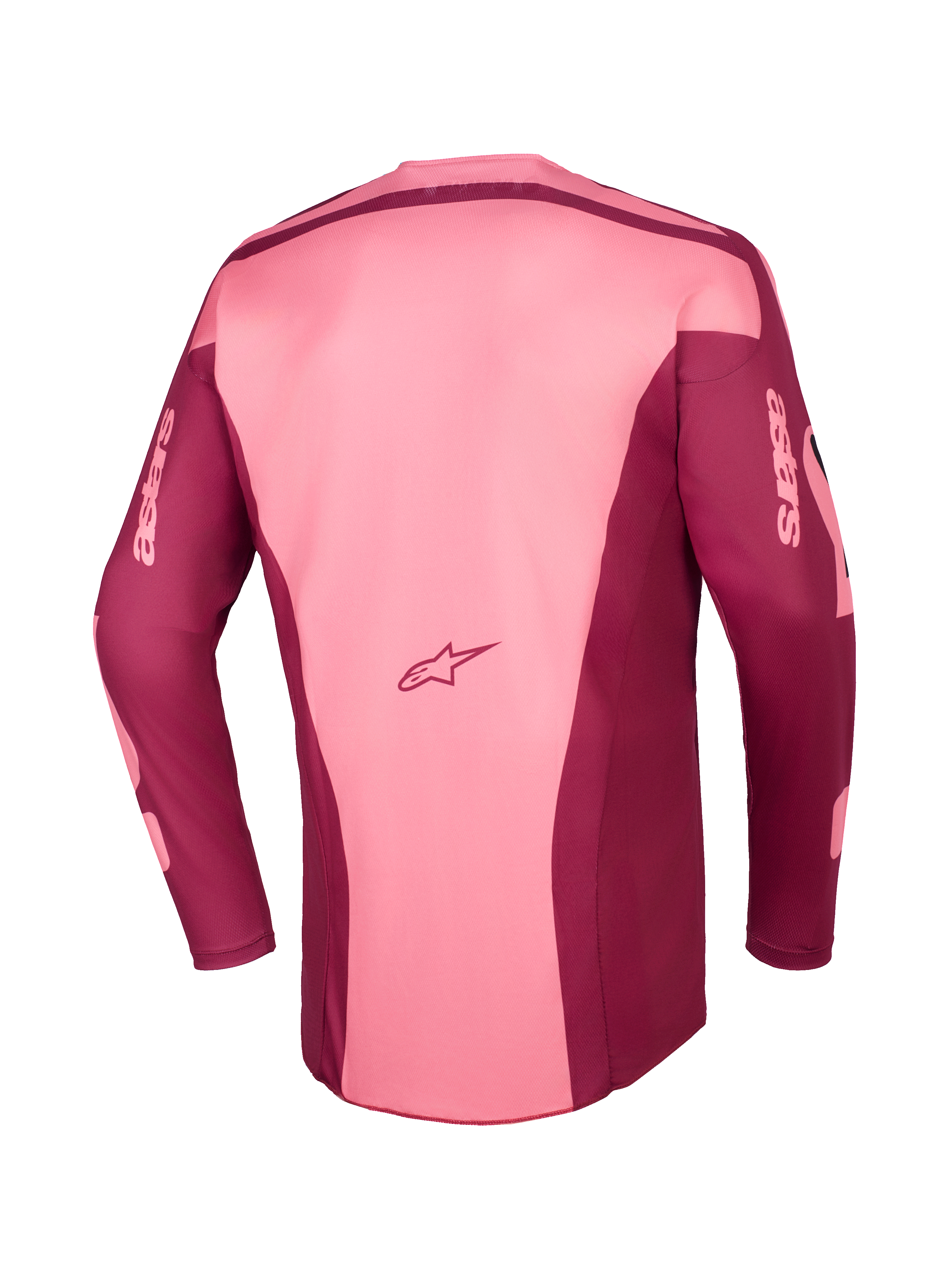 Koszulka Alpinestars 2026 Racer Riway Jersey, koszulka motocrossowa, kolor Dark Red Coral, widok z tyłu przedstawiający wielopanelową konstrukcję, logo Astars na dole pleców oraz branding astars na długich rękawach, wyczynowy sprzęt off-road