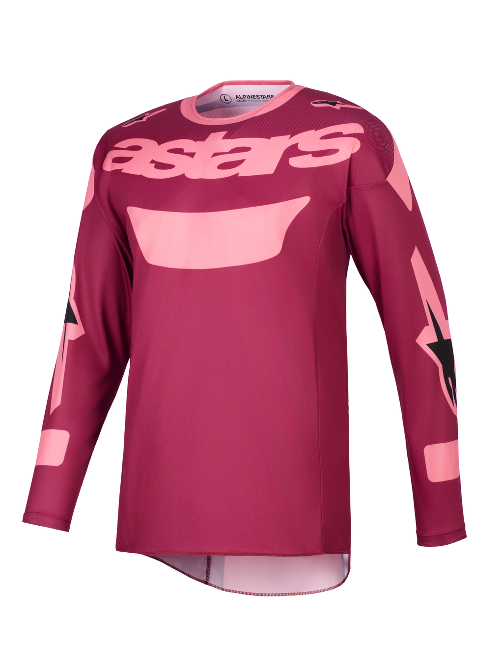 Alpinestars 2026 Racer Riway Jersey, koszulka motocrossowa, ciemny koralowy, z jasnoróżowym napisem „astars” na klatce piersiowej i graficznymi akcentami na rękawach, techniczna odzież z długim rękawem do jazdy terenowej