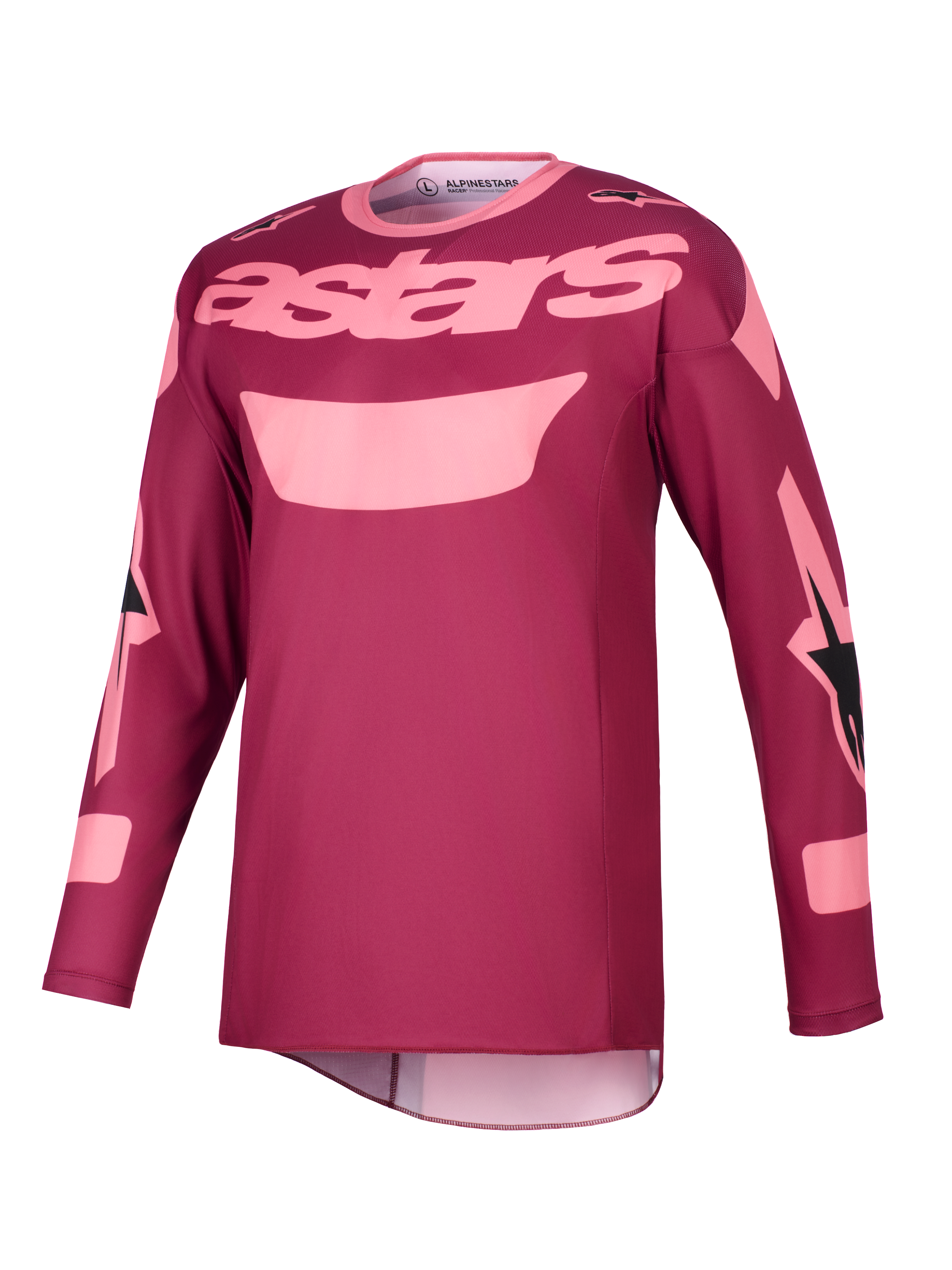 Alpinestars 2026 Racer Riway Jersey, koszulka motocrossowa, ciemny koralowy, z jasnoróżowym napisem „astars” na klatce piersiowej i graficznymi akcentami na rękawach, techniczna odzież z długim rękawem do jazdy terenowej