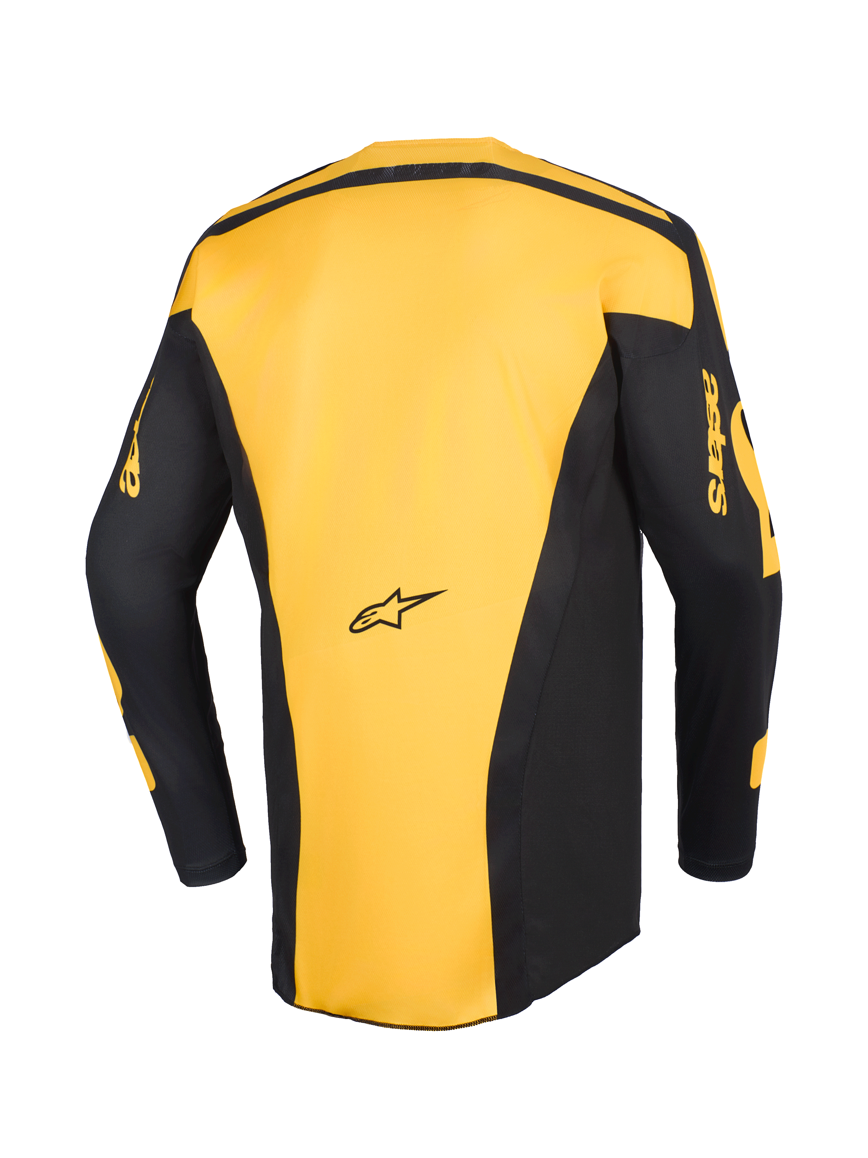 Alpinestars 2026 Racer Riway Jersey, koszulka motocrossowa, żółto-czarna, widok z tyłu z żółtym panelem środkowym i czarnymi rękawami z żółtym brandingiem „astars”, ergonomiczny design do wyścigów off-road