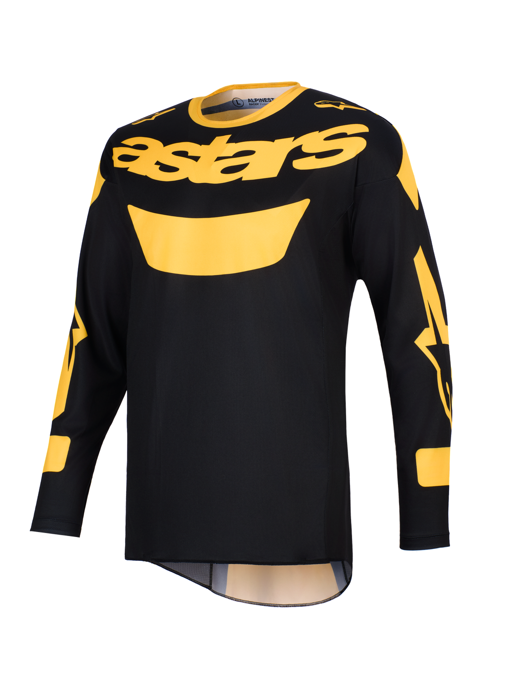 Alpinestars 2026 Racer Riway Jersey, koszulka motocrossowa, żółto-czarna, z wyraźnym żółtym logo „astars” na klatce piersiowej, długie rękawy z akcentami graficznymi, lekka konstrukcja z poliestru do jazdy terenowej