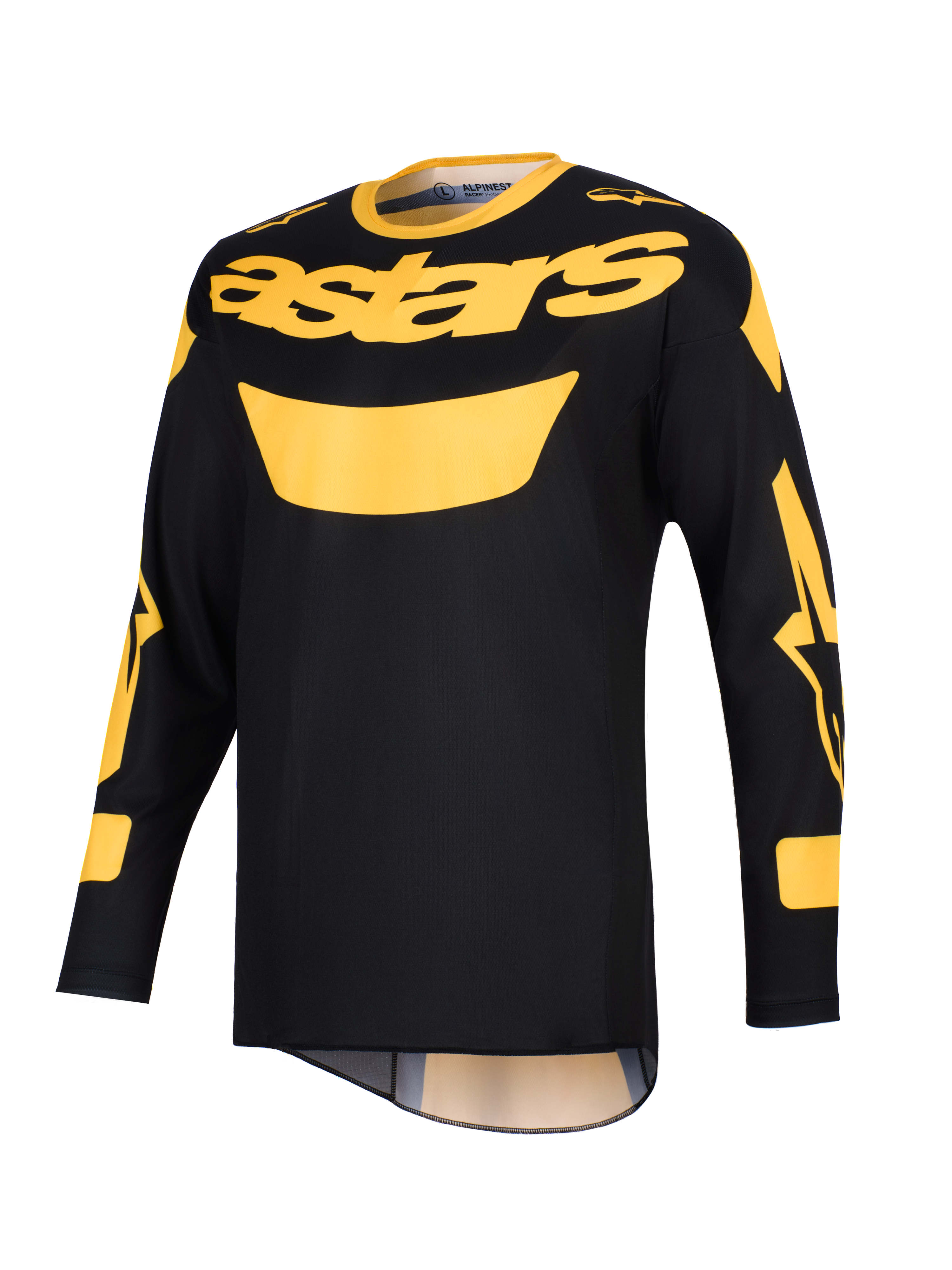 Alpinestars 2026 Racer Riway Jersey, koszulka motocrossowa, żółto-czarna, z wyraźnym żółtym logo „astars” na klatce piersiowej, długie rękawy z akcentami graficznymi, lekka konstrukcja z poliestru do jazdy terenowej