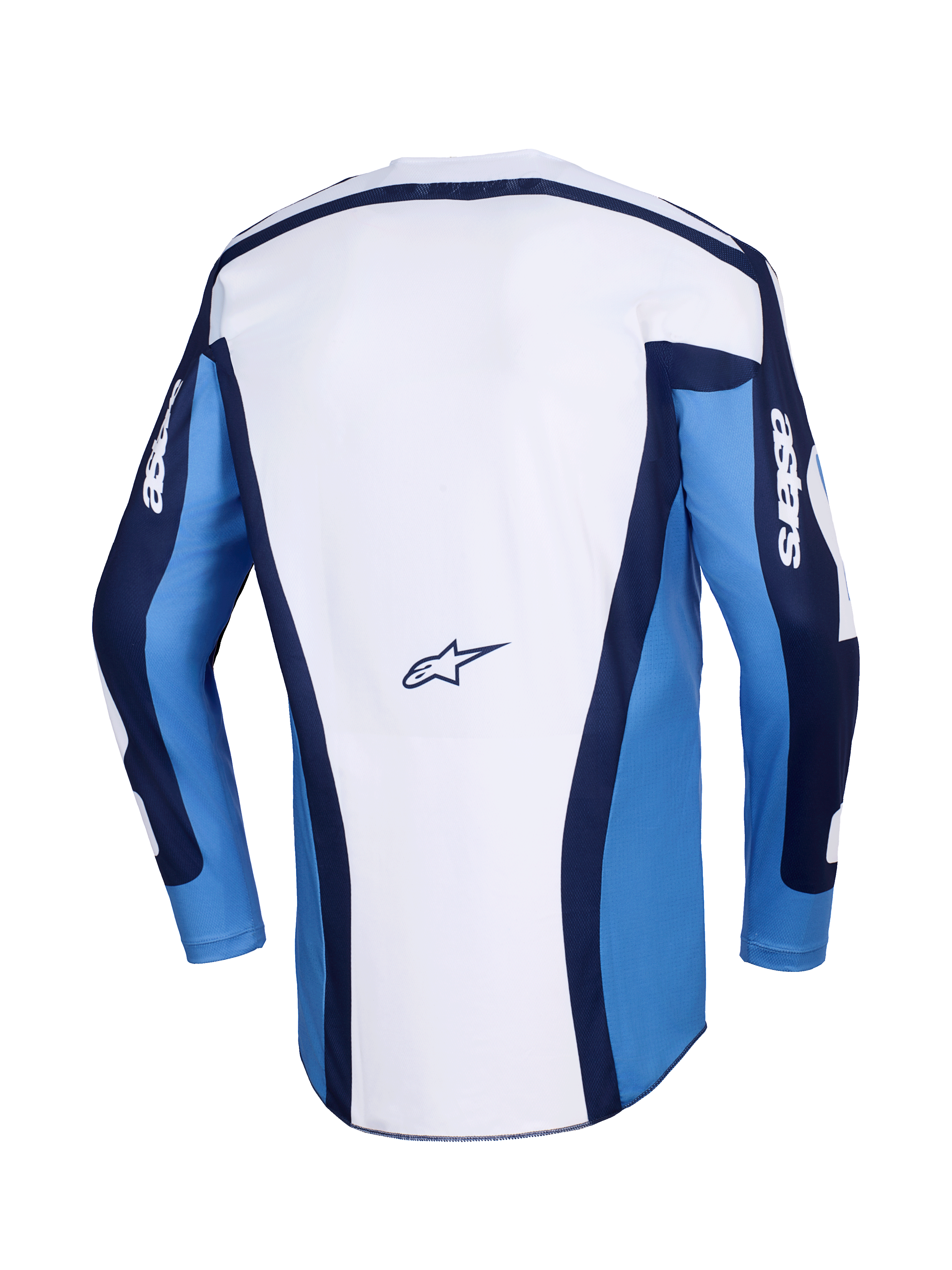Alpinestars 2026 Racer Riway Jersey, koszulka motocrossowa, niebieska i biała (UCLA Blue), widok z tyłu z białym panelem głównym, niebieskimi rękawami i granatowymi akcentami, małe logo Alpinestars na dole pleców, sportowy krój do wyścigów terenowych