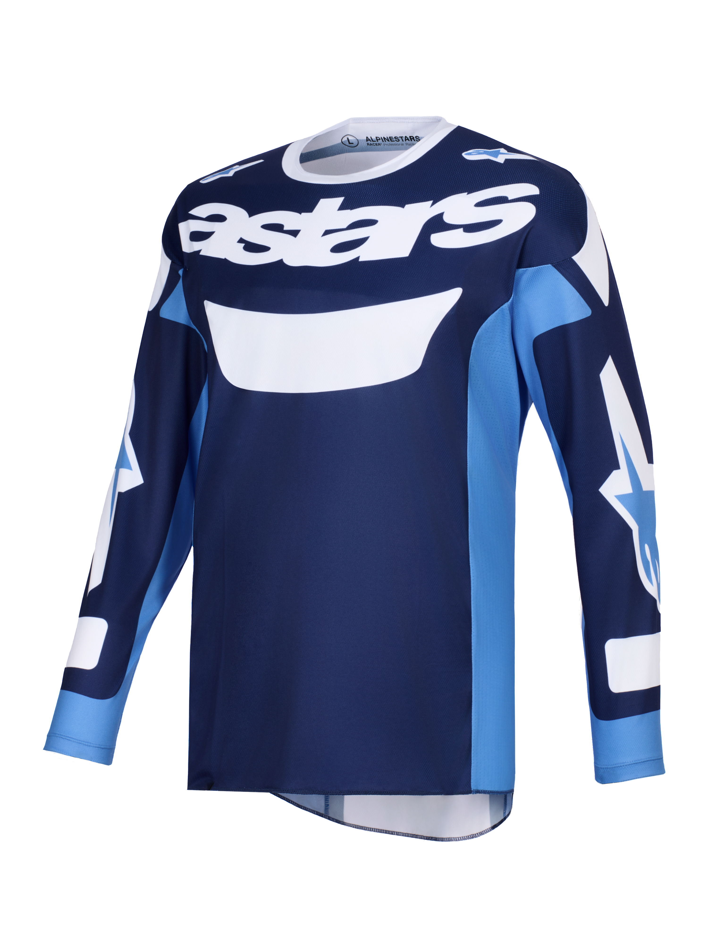 Alpinestars 2026 Racer Riway Jersey, koszulka motocrossowa, niebiesko-biała (Ucla Blue), z wyraźnym białym logo „astars” na piersi, długi rękaw z logo na rękawach, lekka tkanina poliestrowa i konstrukcja odprowadzająca wilgoć do jazdy terenowej