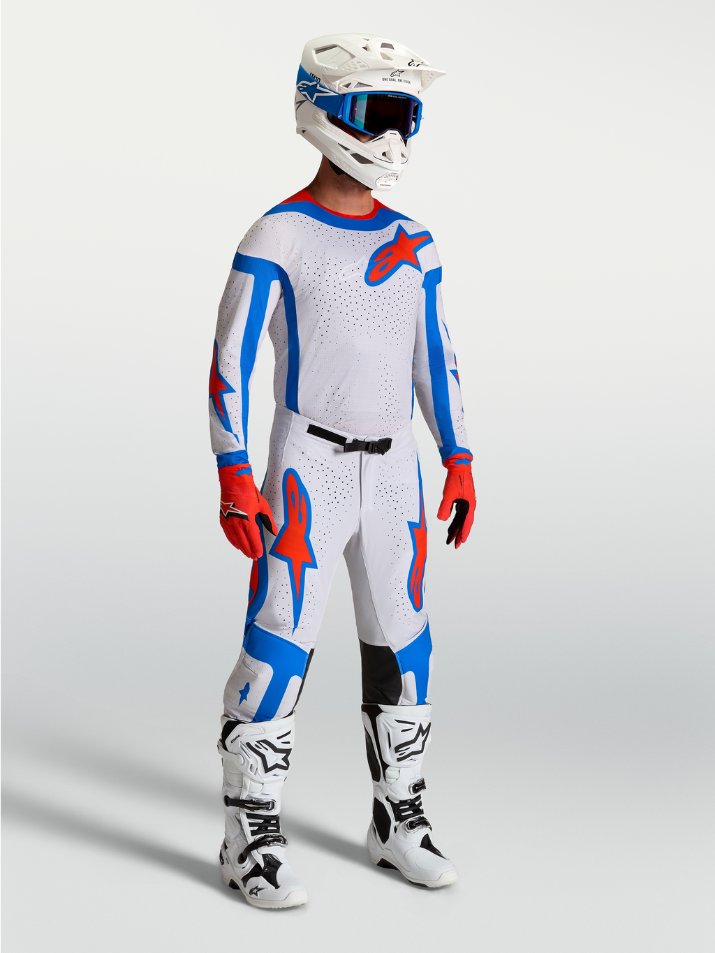 Alpinestars Supertech Vesta Gear Set, profesjonalny męski zestaw odzieży motocrossowej, jasnoliliowy i czerwony, wykonany z elastycznej siatki z perforacjami laserowymi, kompletny strój wyścigowy na modelu