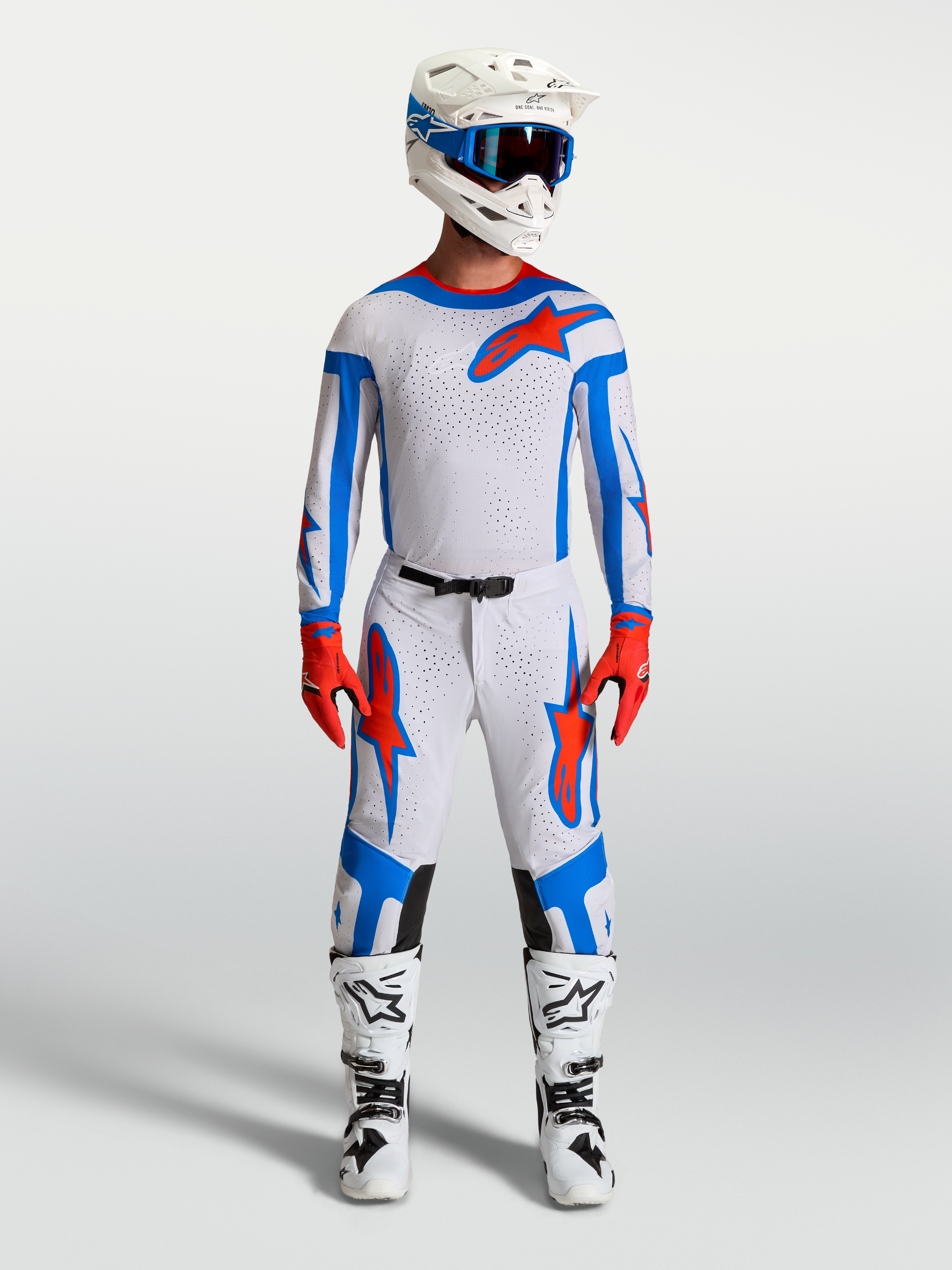 Alpinestars Supertech Vesta, męski zestaw motocrossowy, biały, jasnoliliowy i czerwony, profesjonalny krój wyścigowy z wydajną wentylacją.