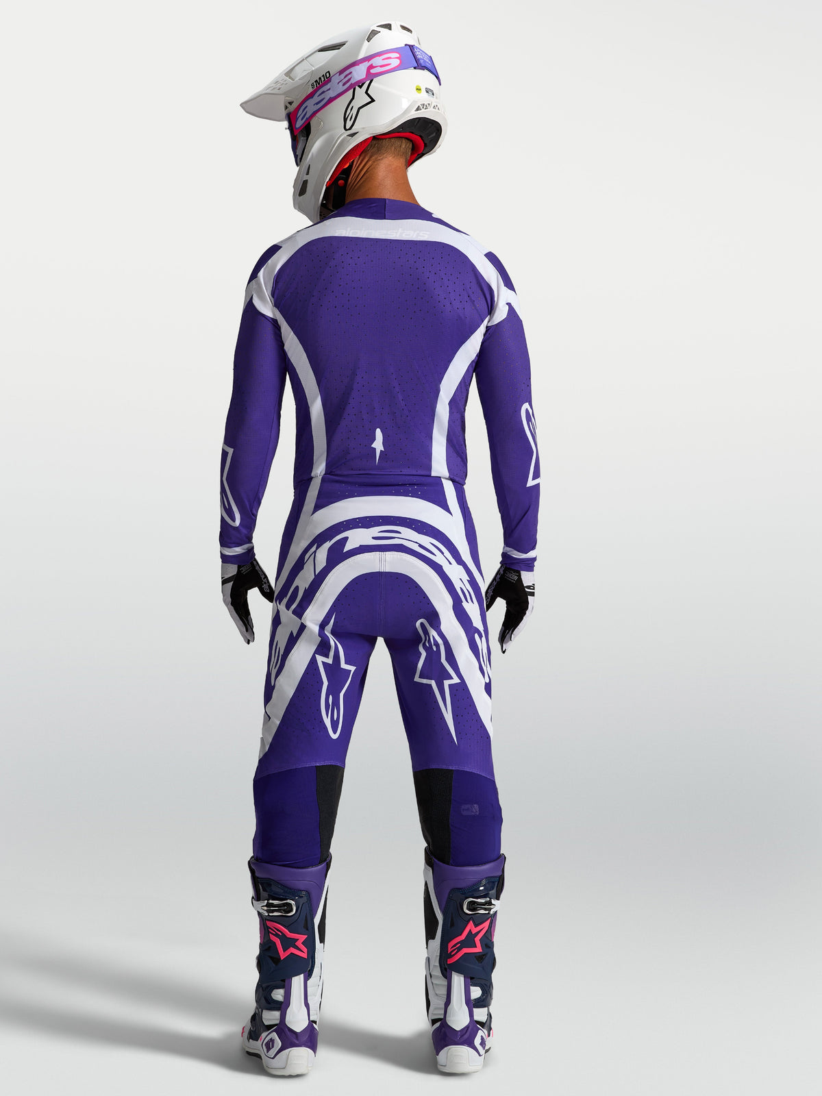 Alpinestars Koszulka Supertech Vesta i zestaw, męski strój motocrossowy, ciemnoniebieski i biały, sportowy krój, widok od tyłu.