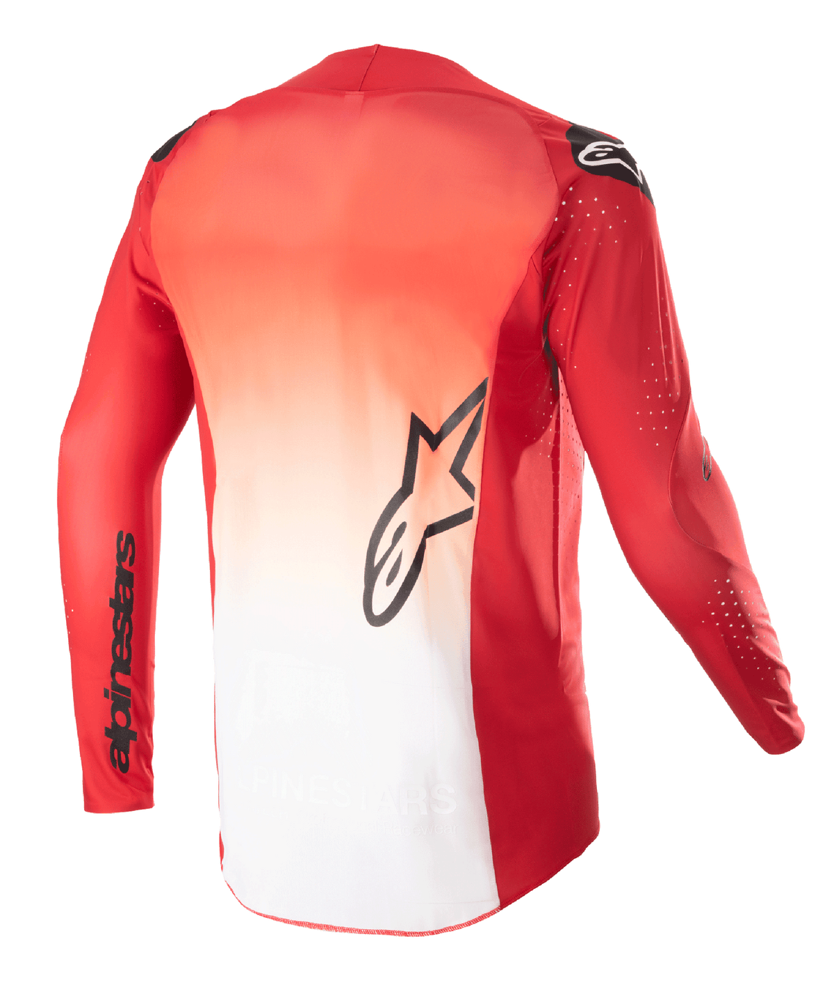 Alpinestars 2023 Supertech Risen Jersey, widok z tyłu, czerwono-biały gradient (Mars Red), z czarnym logo gwiazdy Alpinestars na środku pleców i nazwą marki na rękawie, koszulka motocrossowa z długim rękawem i laserowo wycinanymi perforacjami zapewniającymi wentylację.