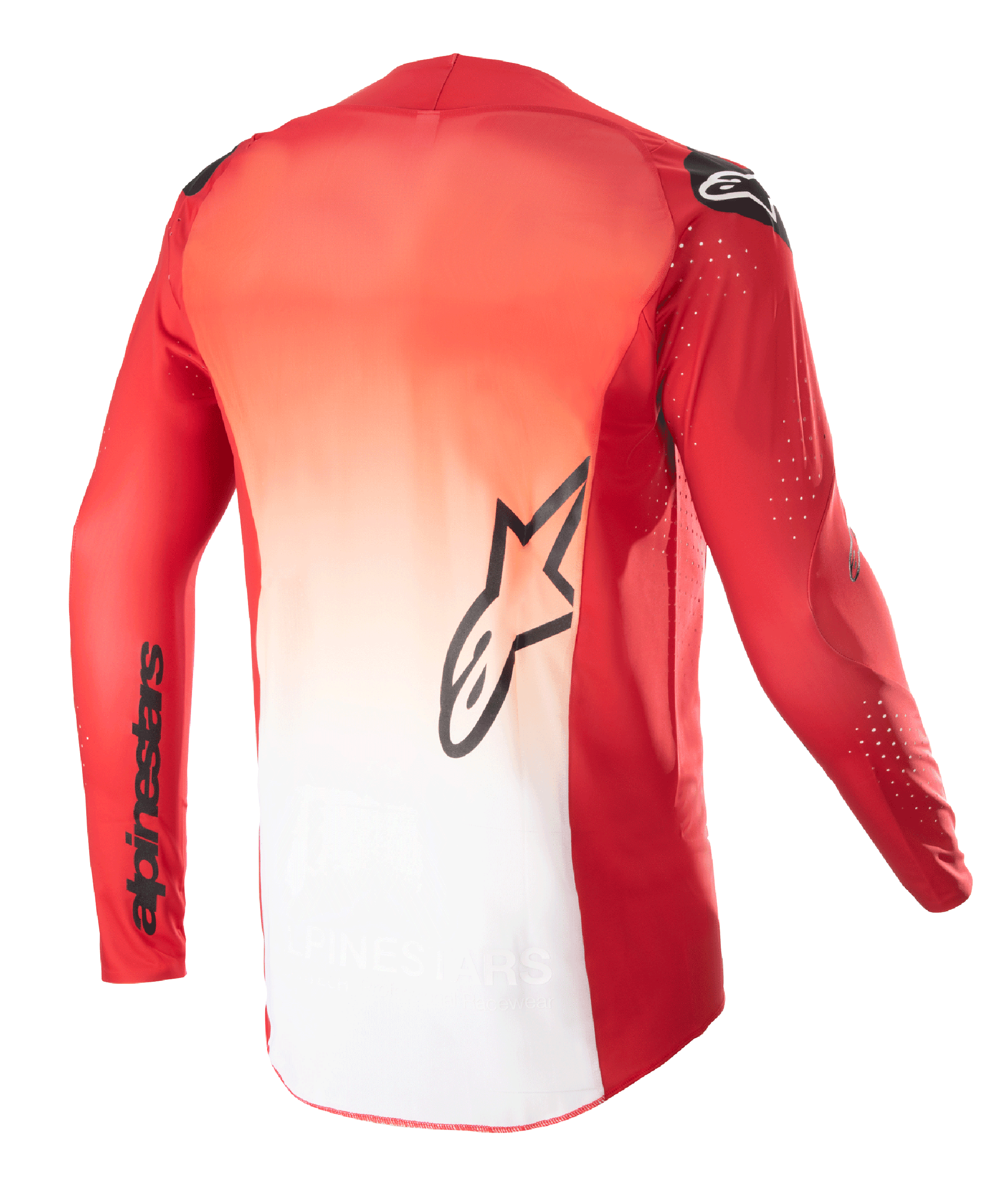 Alpinestars 2023 Supertech Risen Jersey, widok z tyłu, czerwono-biały gradient (Mars Red), z czarnym logo gwiazdy Alpinestars na środku pleców i nazwą marki na rękawie, koszulka motocrossowa z długim rękawem i laserowo wycinanymi perforacjami zapewniającymi wentylację.