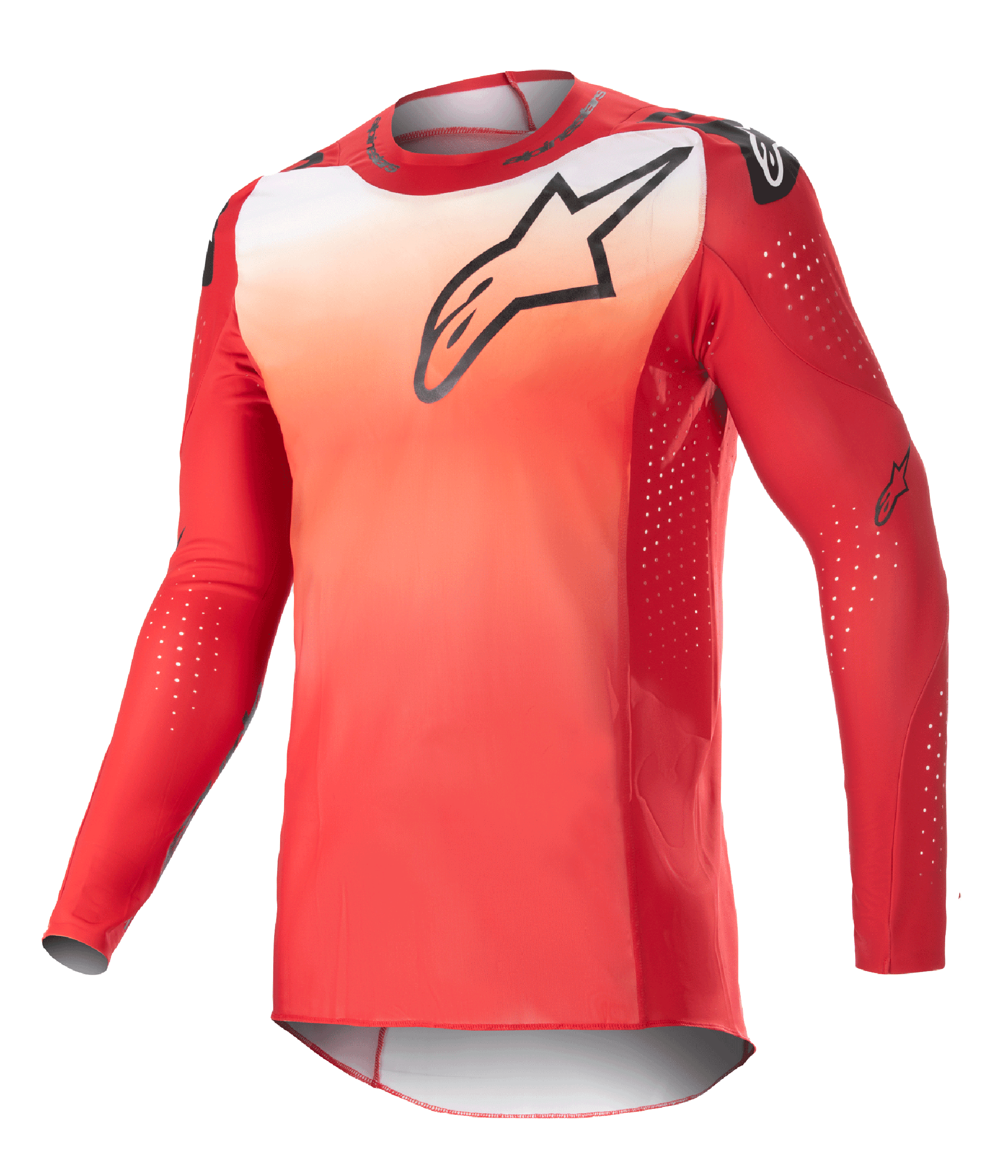 Alpinestars Supertech Risen Jersey 2023, koszulka motocrossowa z długim rękawem, gradient biało-czerwony Mars Red, czarne logo Astars na klatce piersiowej, perforowane rękawy z białymi kropkami wentylacyjnymi, sportowy krój wyścigowy.