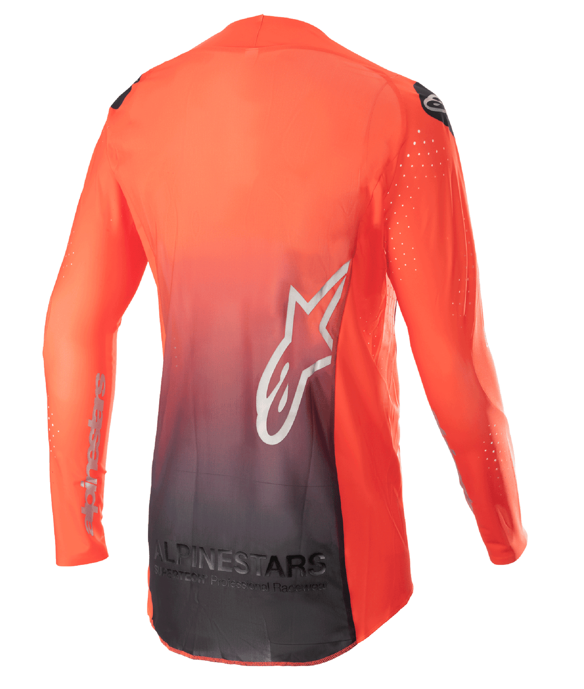 Alpinestars 2023 Supertech Risen Jersey, koszulka motocrossowa, jaskrawy pomarańczowy i czarny, widok z tyłu przedstawiający gradient od pomarańczowego do czarnego, duże białe logo z gwiazdą na plecach, oddychający materiał siateczkowy zapewniający wydajność w terenie